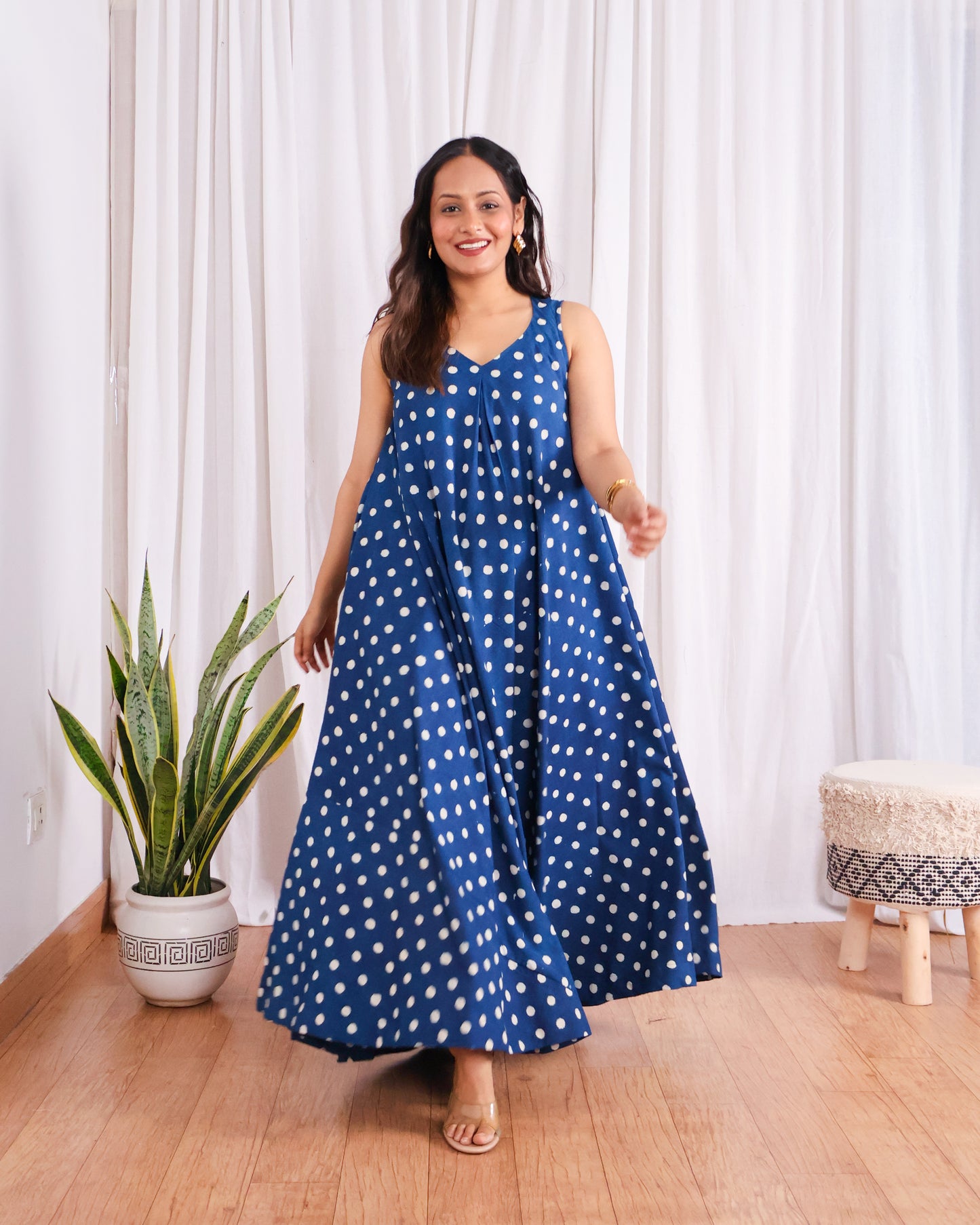 Stella Indigo Polka HandBlock Dabu Print Cotton Maxi Dress
