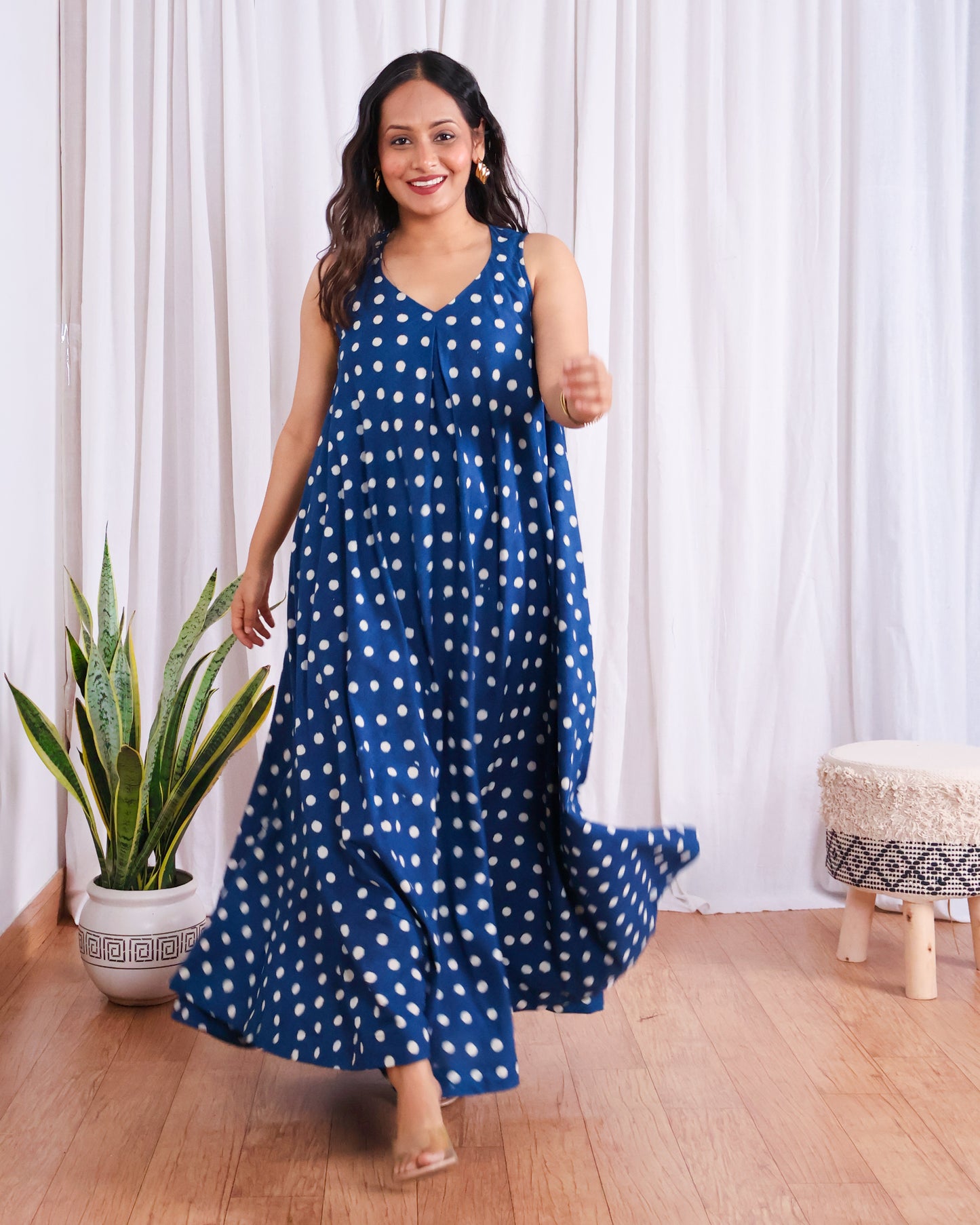 Stella Indigo Polka HandBlock Dabu Print Cotton Maxi Dress