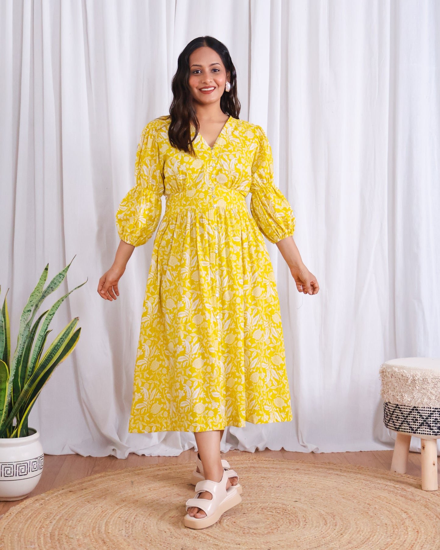 Ivy Yellow Fit-and-Flare Cotton Midi Dress