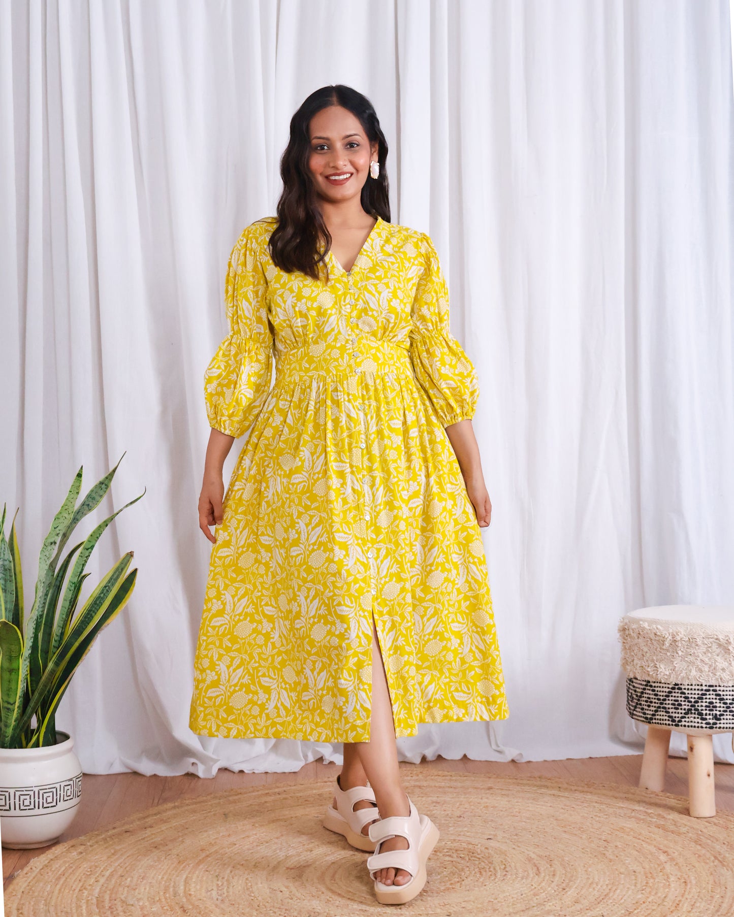Ivy Yellow Fit-and-Flare Cotton Midi Dress