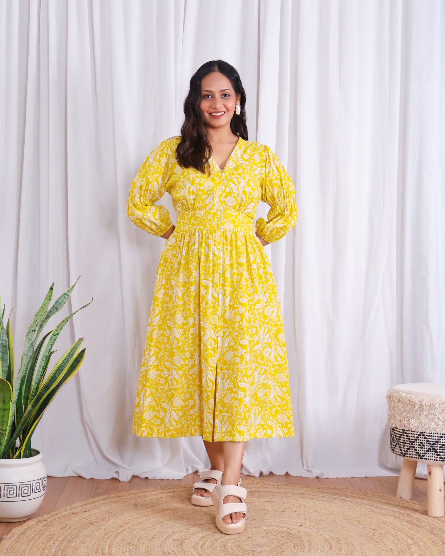Ivy Yellow Fit-and-Flare Cotton Midi Dress