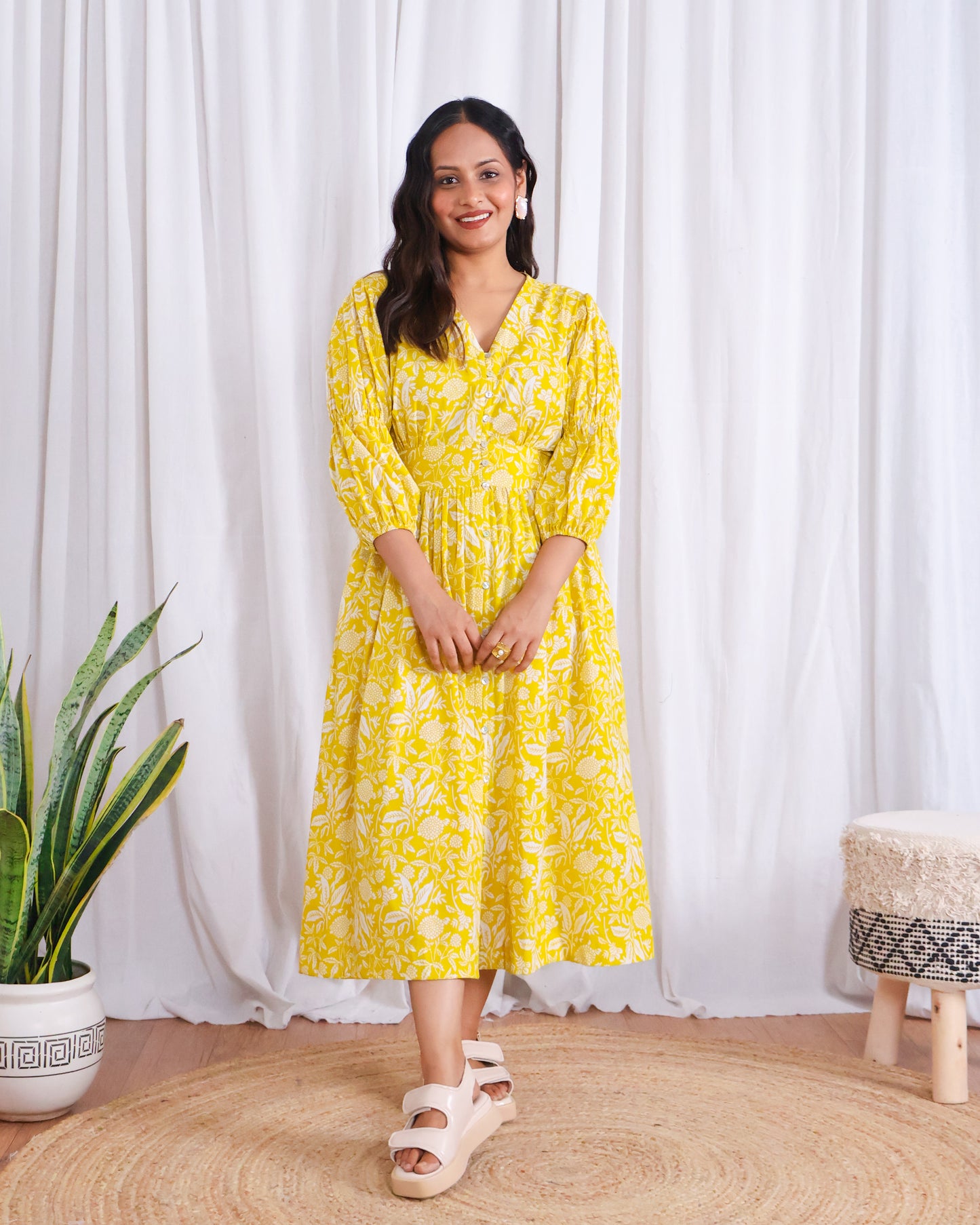 Ivy Yellow Fit-and-Flare Cotton Midi Dress