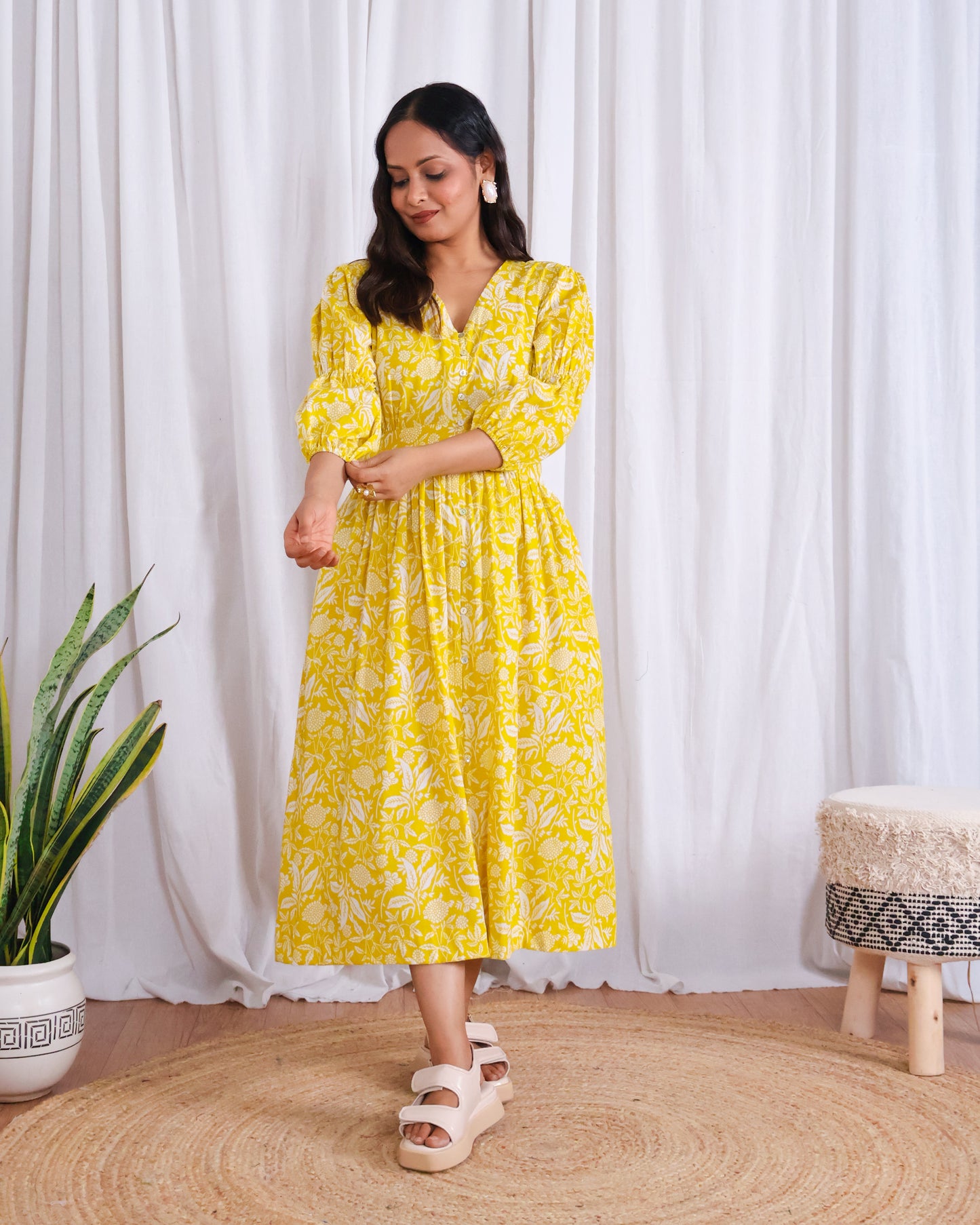 Ivy Yellow Fit-and-Flare Cotton Midi Dress
