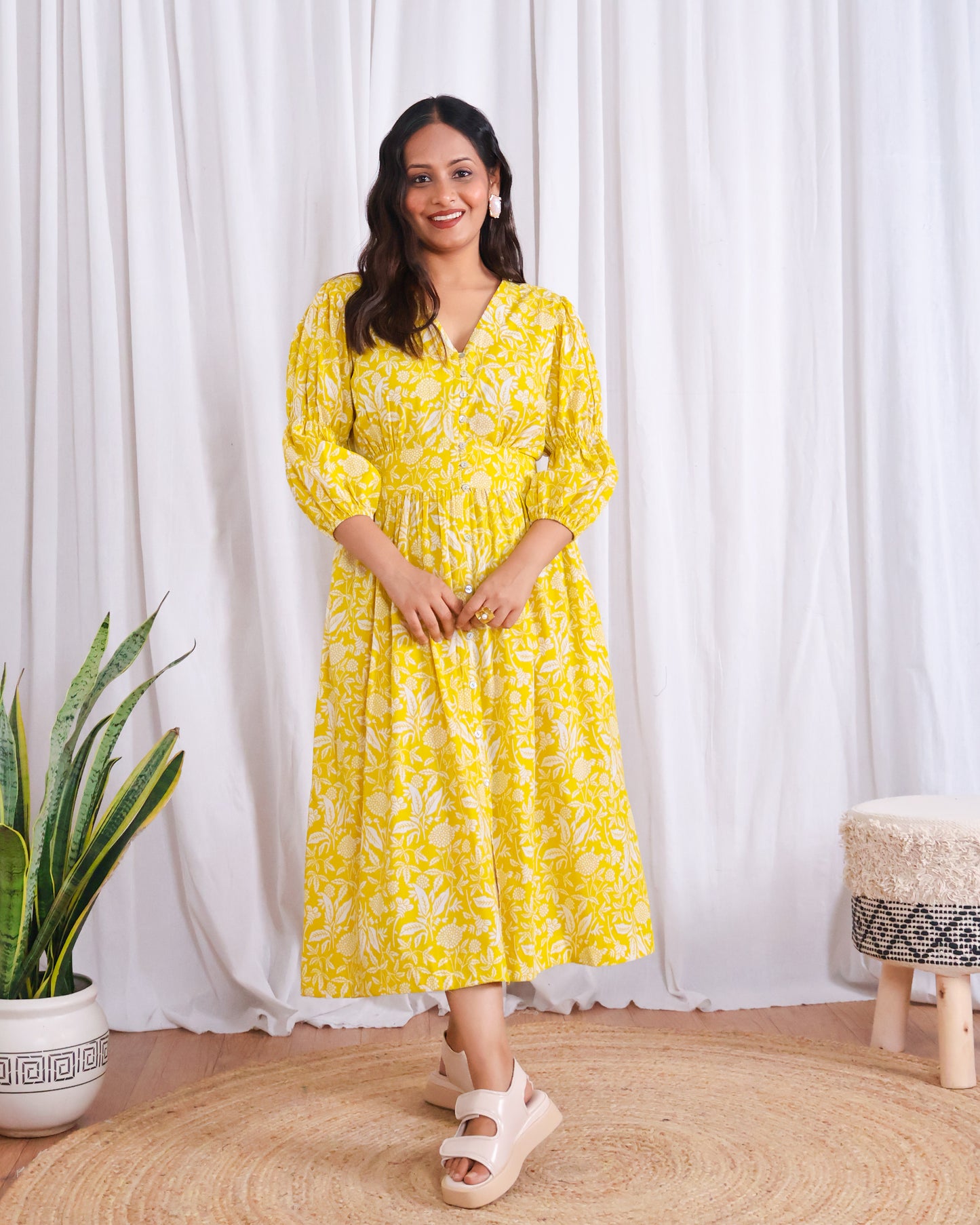 Ivy Yellow Fit-and-Flare Cotton Midi Dress