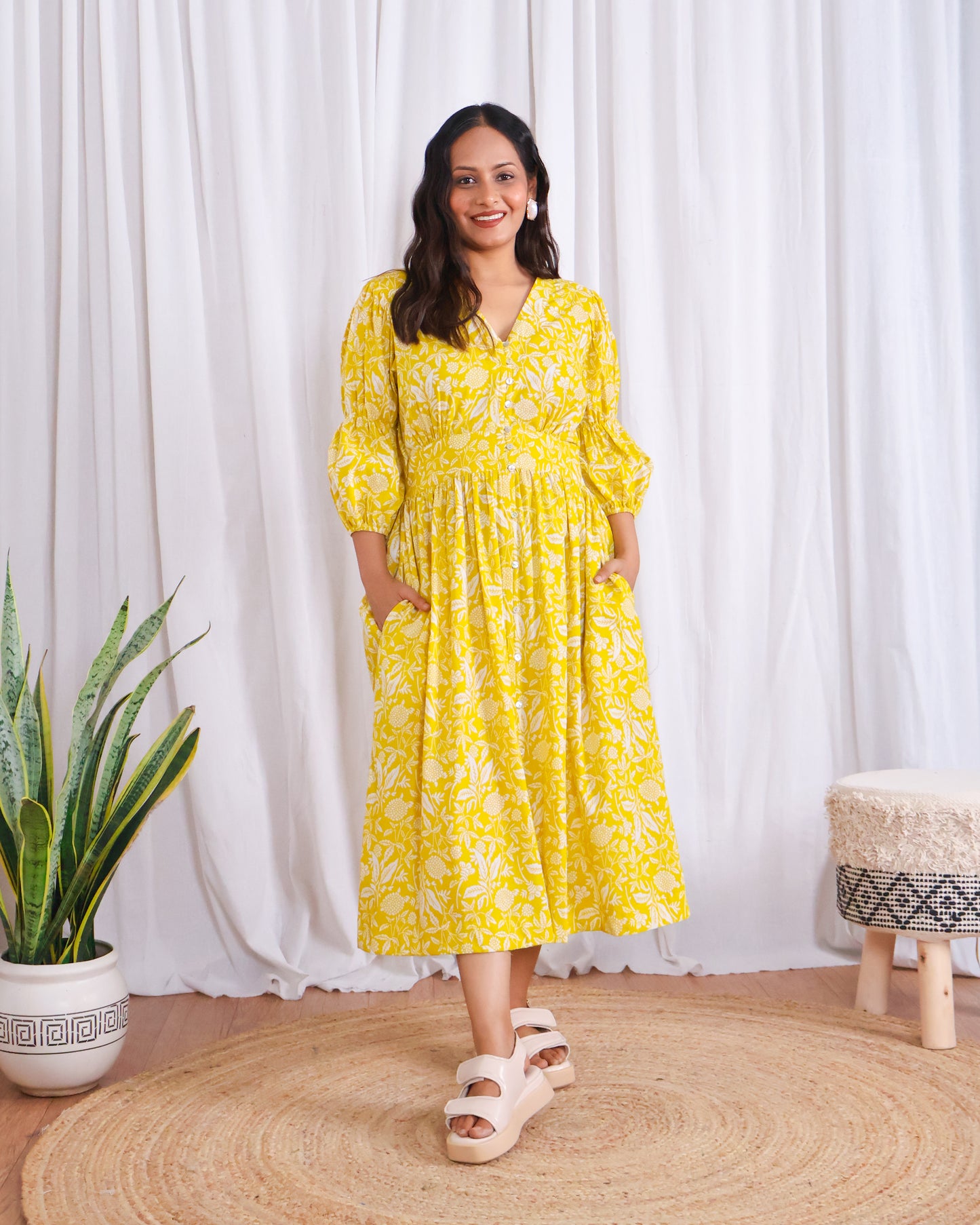 Ivy Yellow Fit-and-Flare Cotton Midi Dress