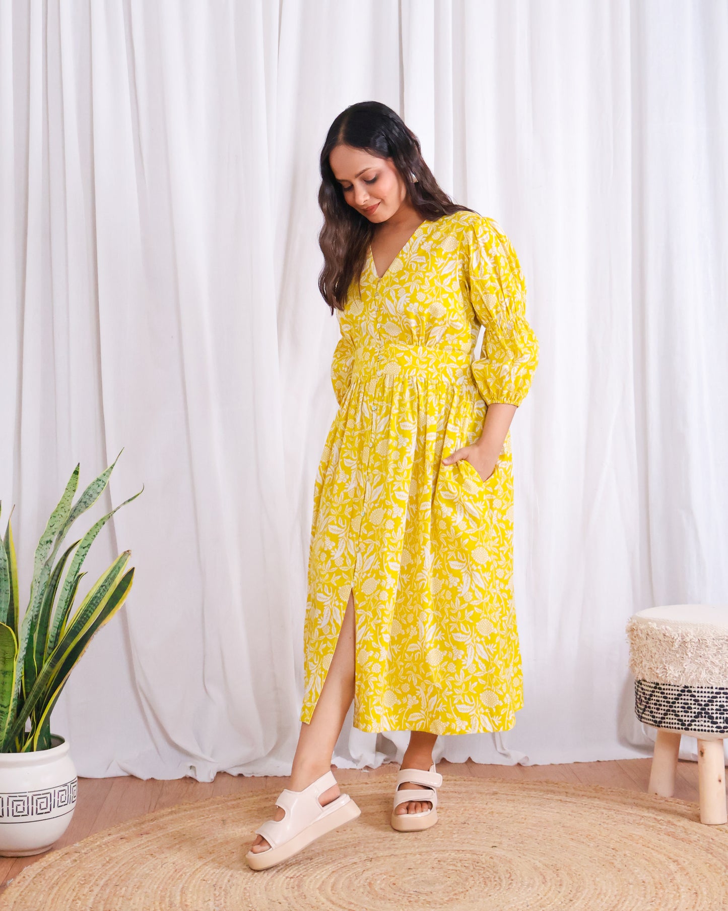 Ivy Yellow Fit-and-Flare Cotton Midi Dress