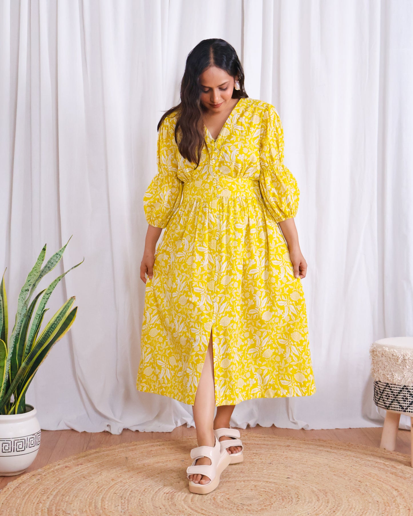 Ivy Yellow Fit-and-Flare Cotton Midi Dress