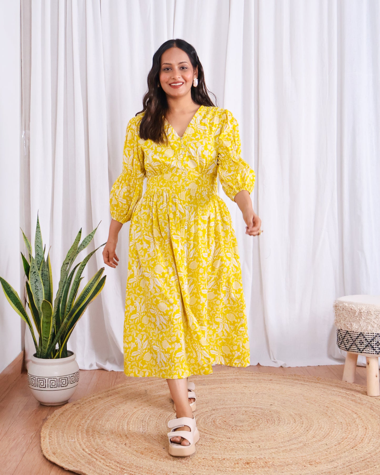 Ivy Yellow Fit-and-Flare Cotton Midi Dress