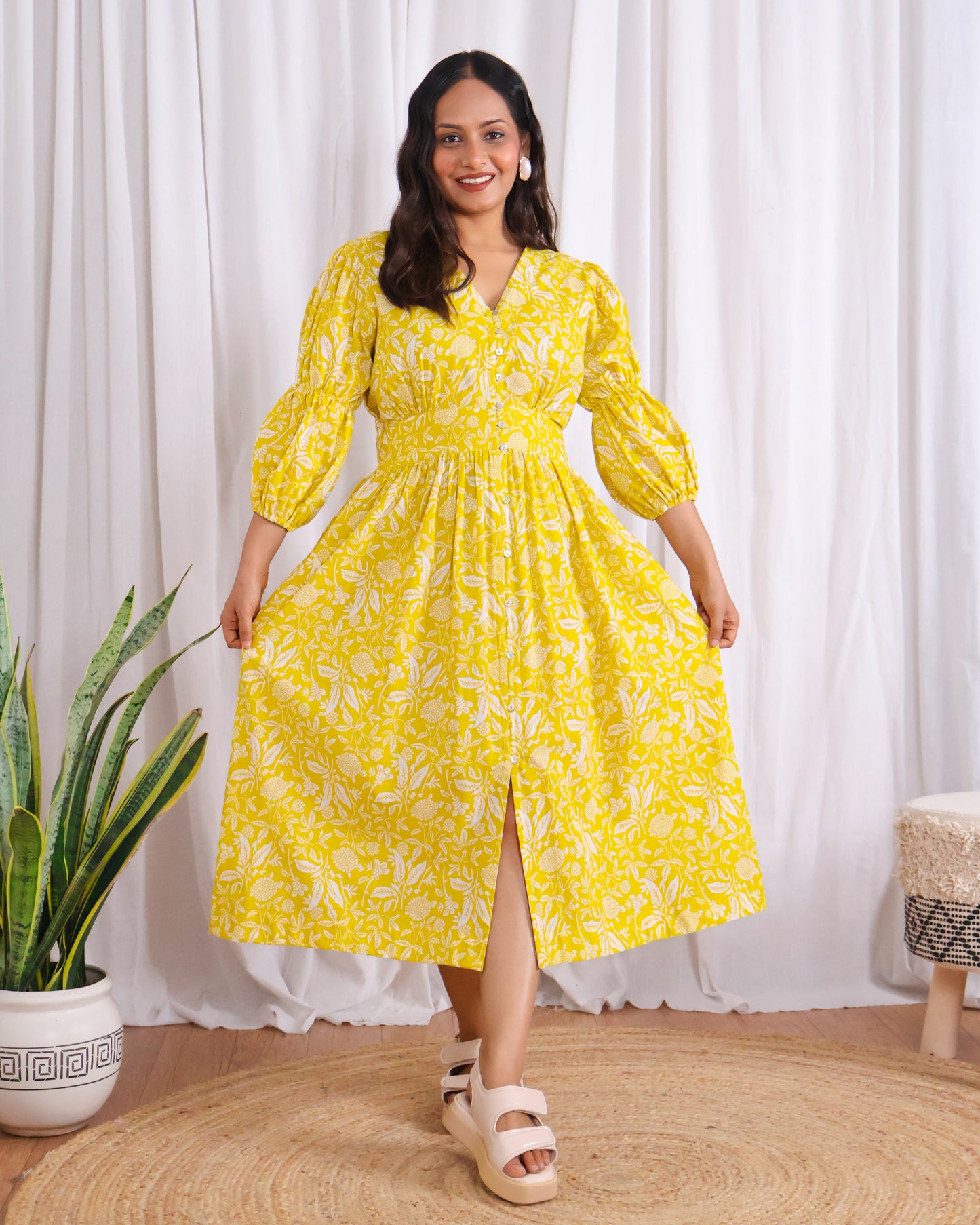Ivy Yellow Fit-and-Flare Cotton Midi Dress