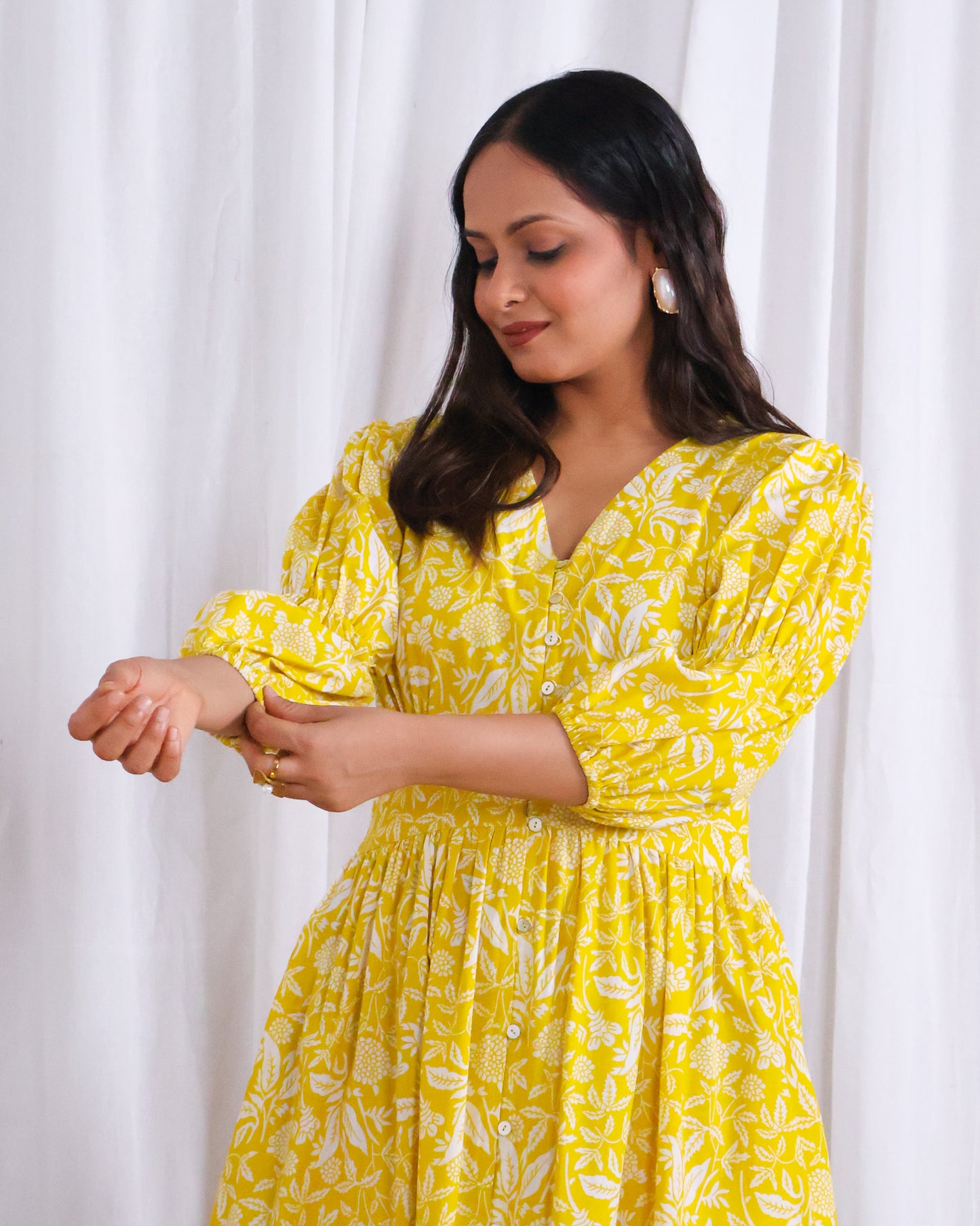 Ivy Yellow Fit-and-Flare Cotton Midi Dress