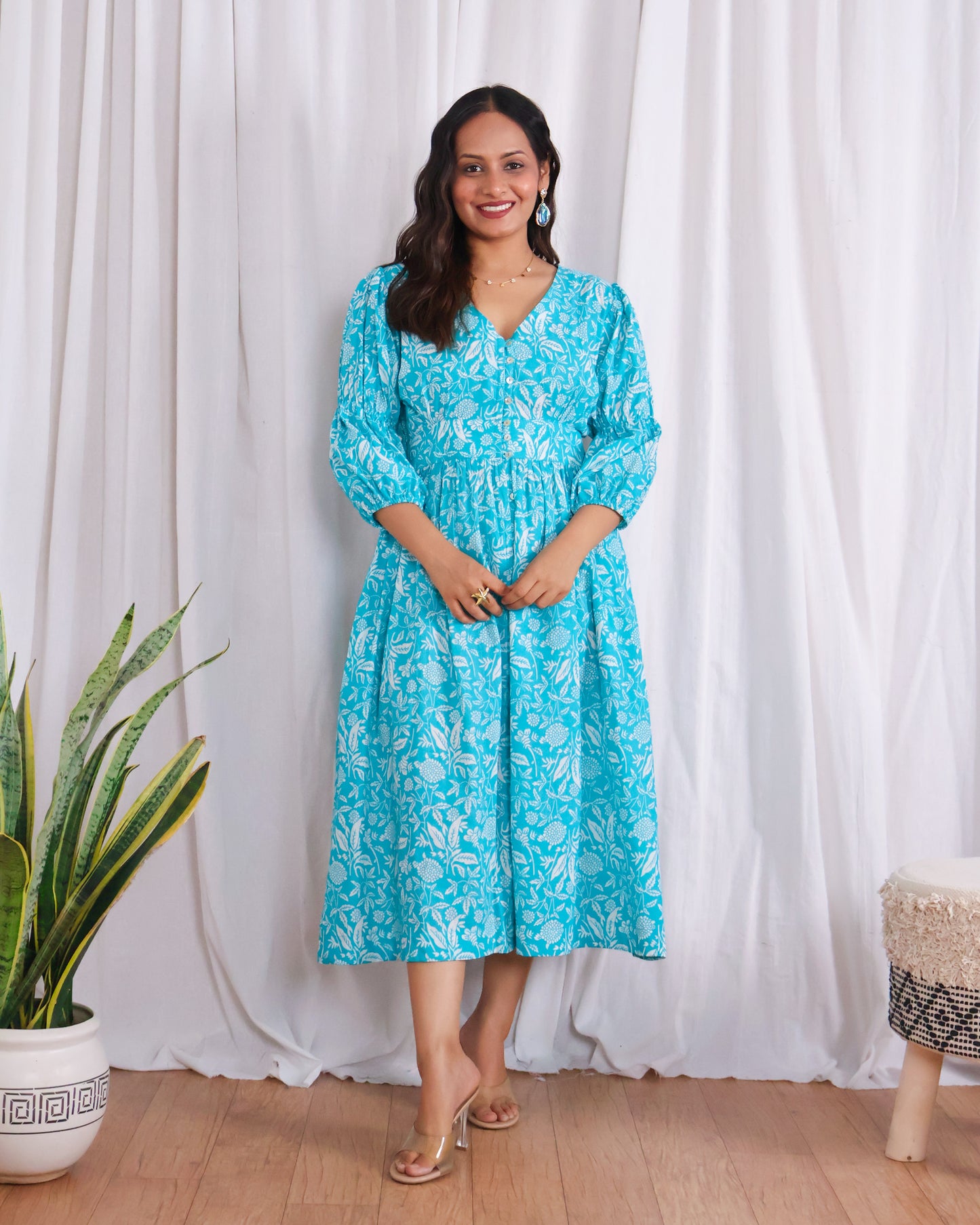Bella Blue Fit-and-Flare Cotton Midi Dress