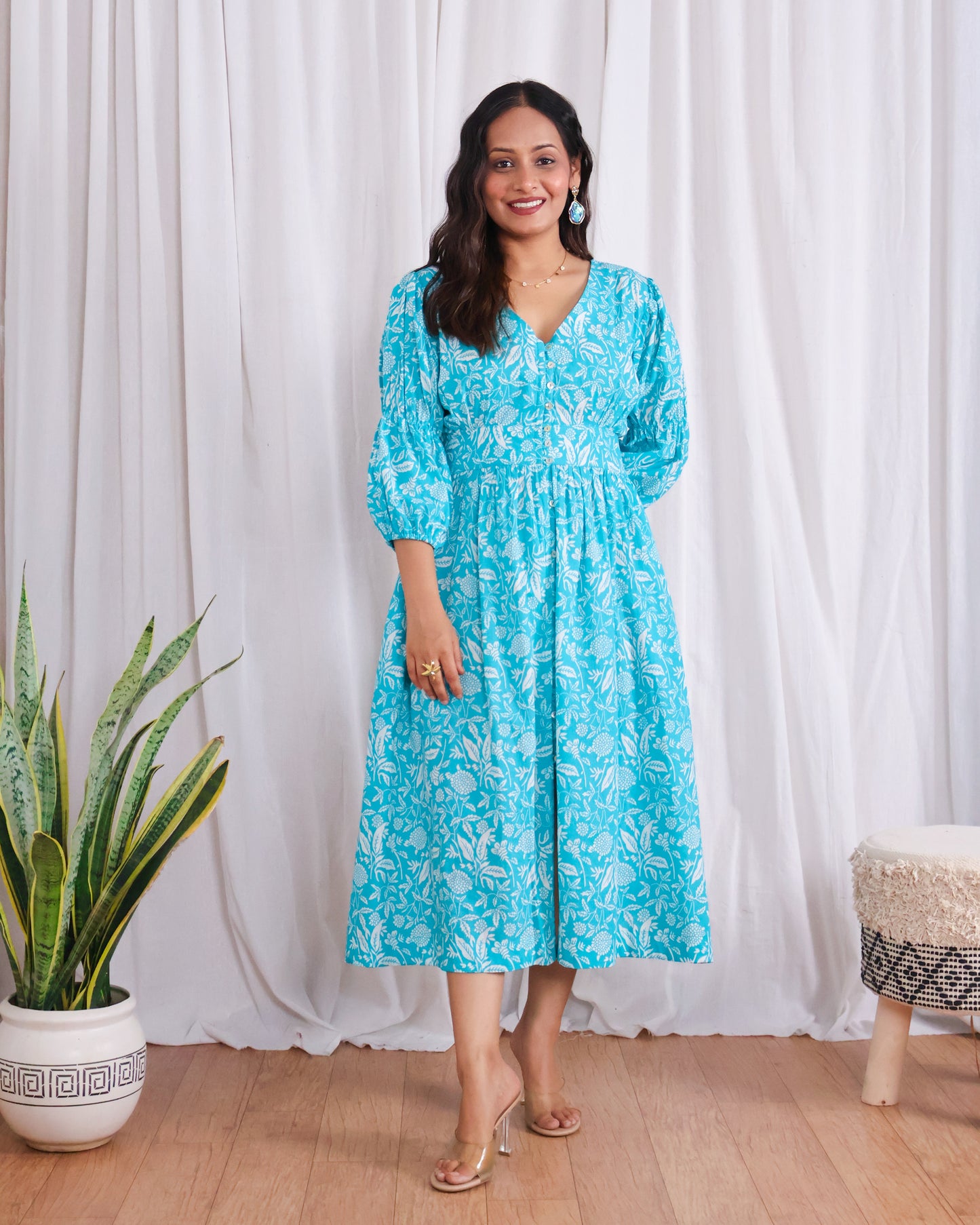 Bella Blue Fit-and-Flare Cotton Midi Dress