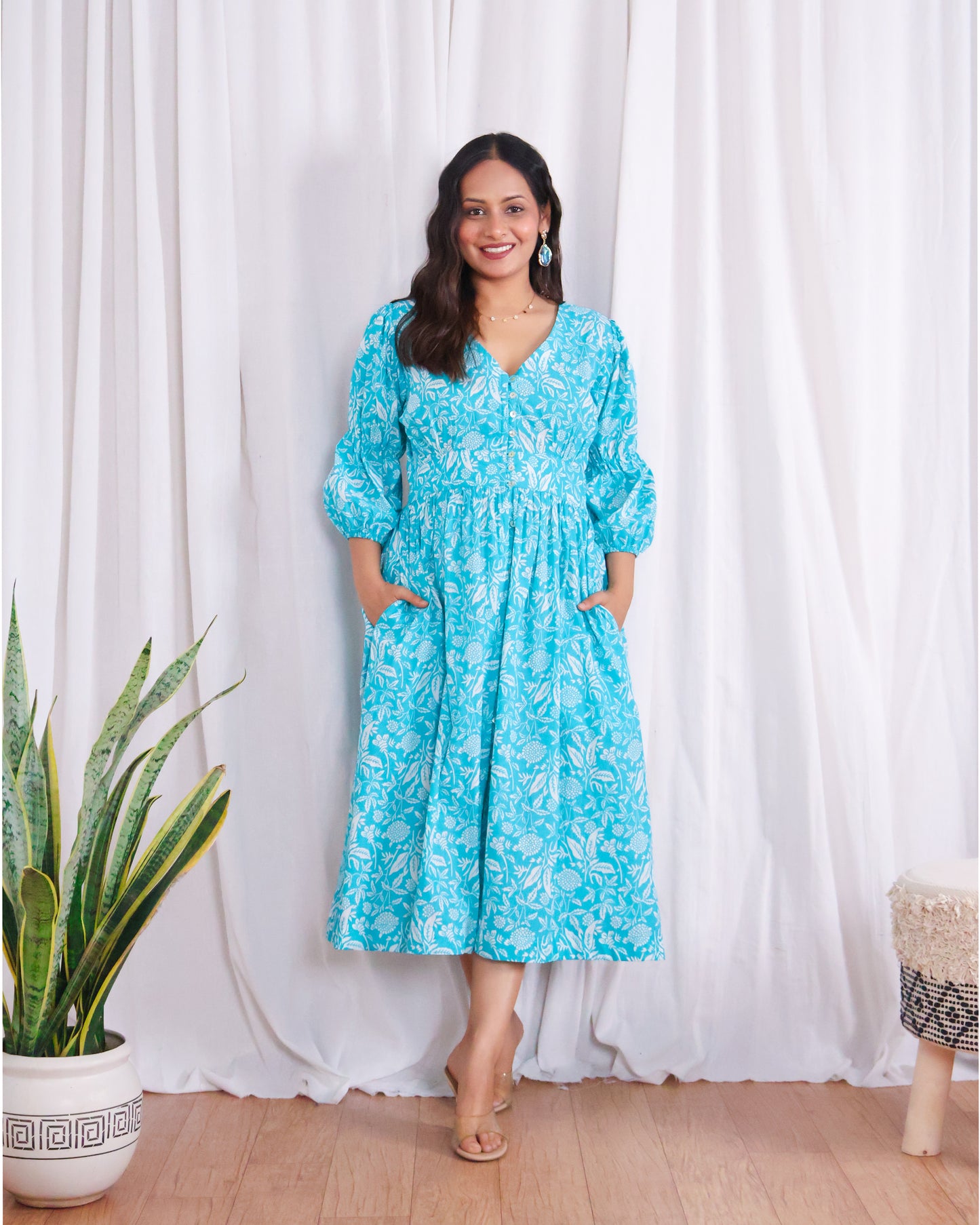 Bella Blue Fit-and-Flare Cotton Midi Dress