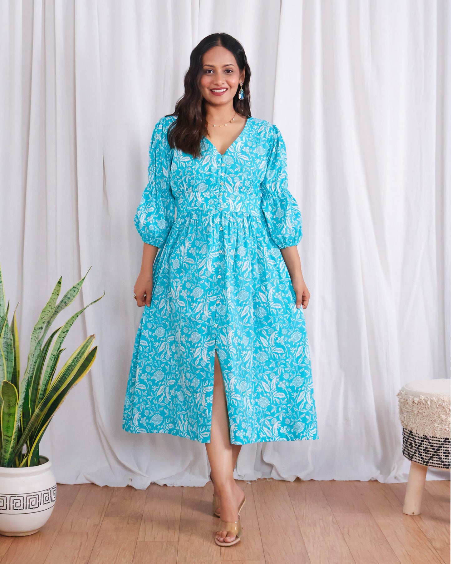 Bella Blue Fit-and-Flare Cotton Midi Dress
