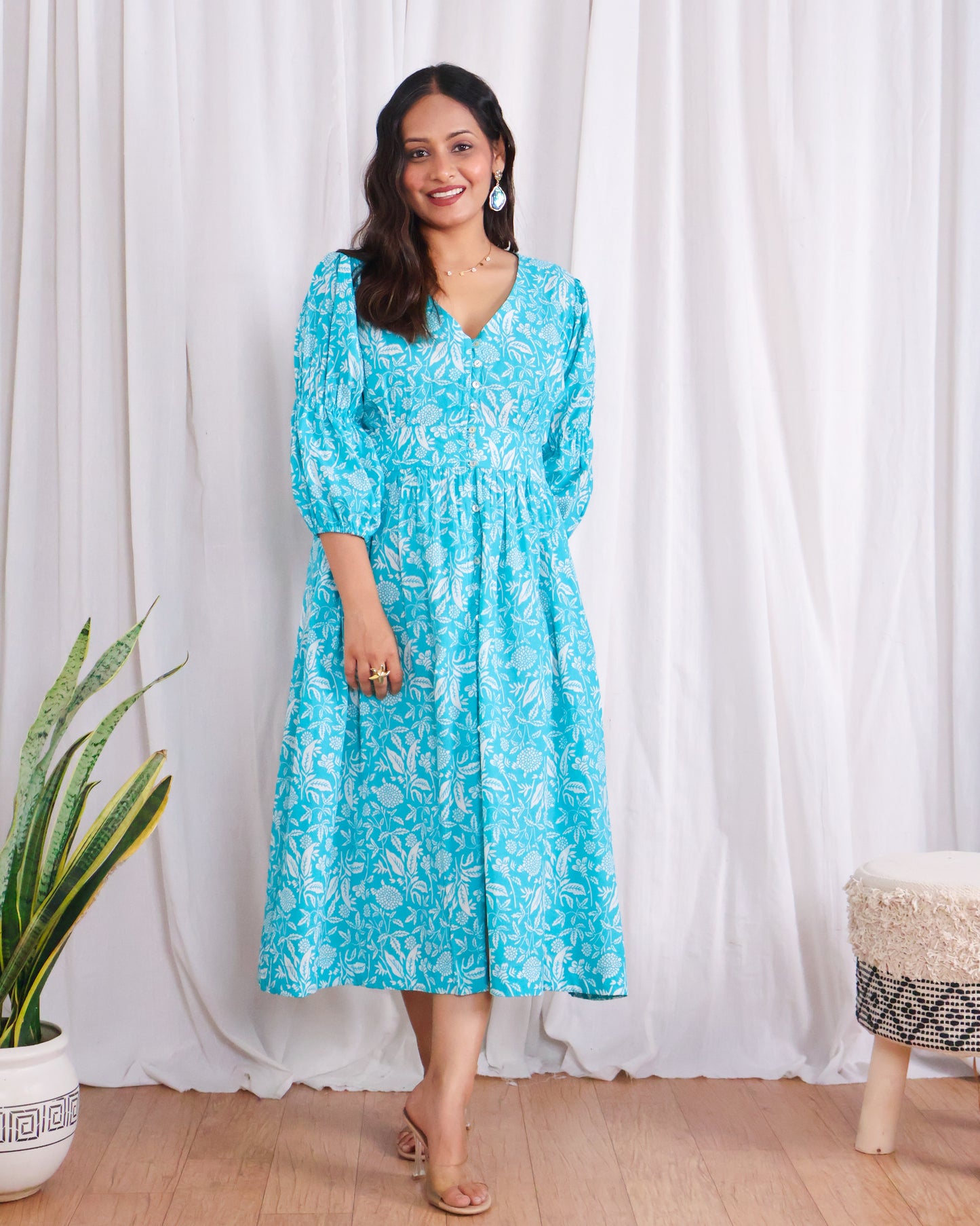 Bella Blue Fit-and-Flare Cotton Midi Dress