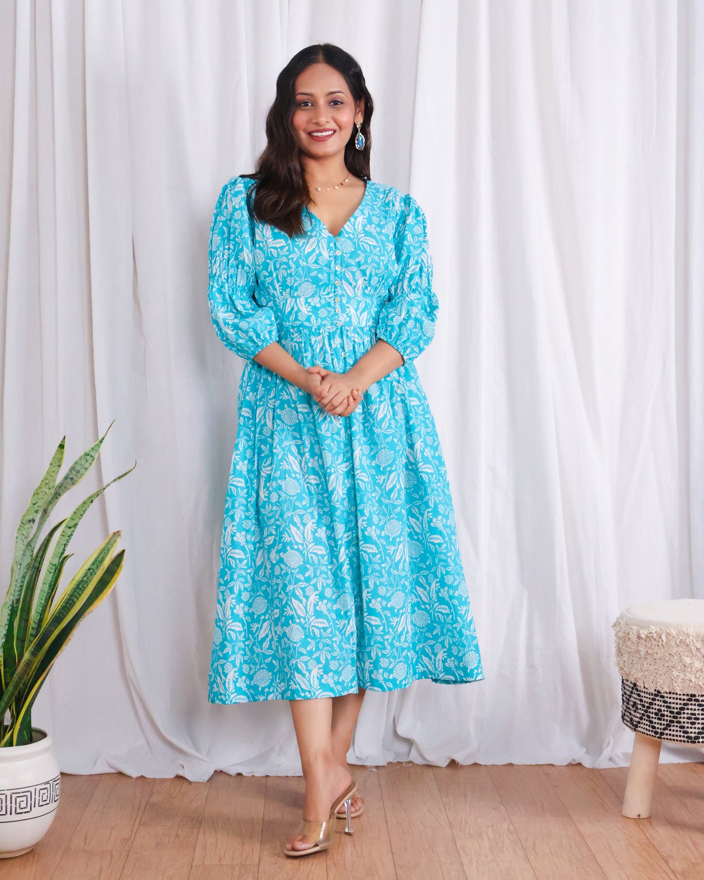 Bella Blue Fit-and-Flare Cotton Midi Dress