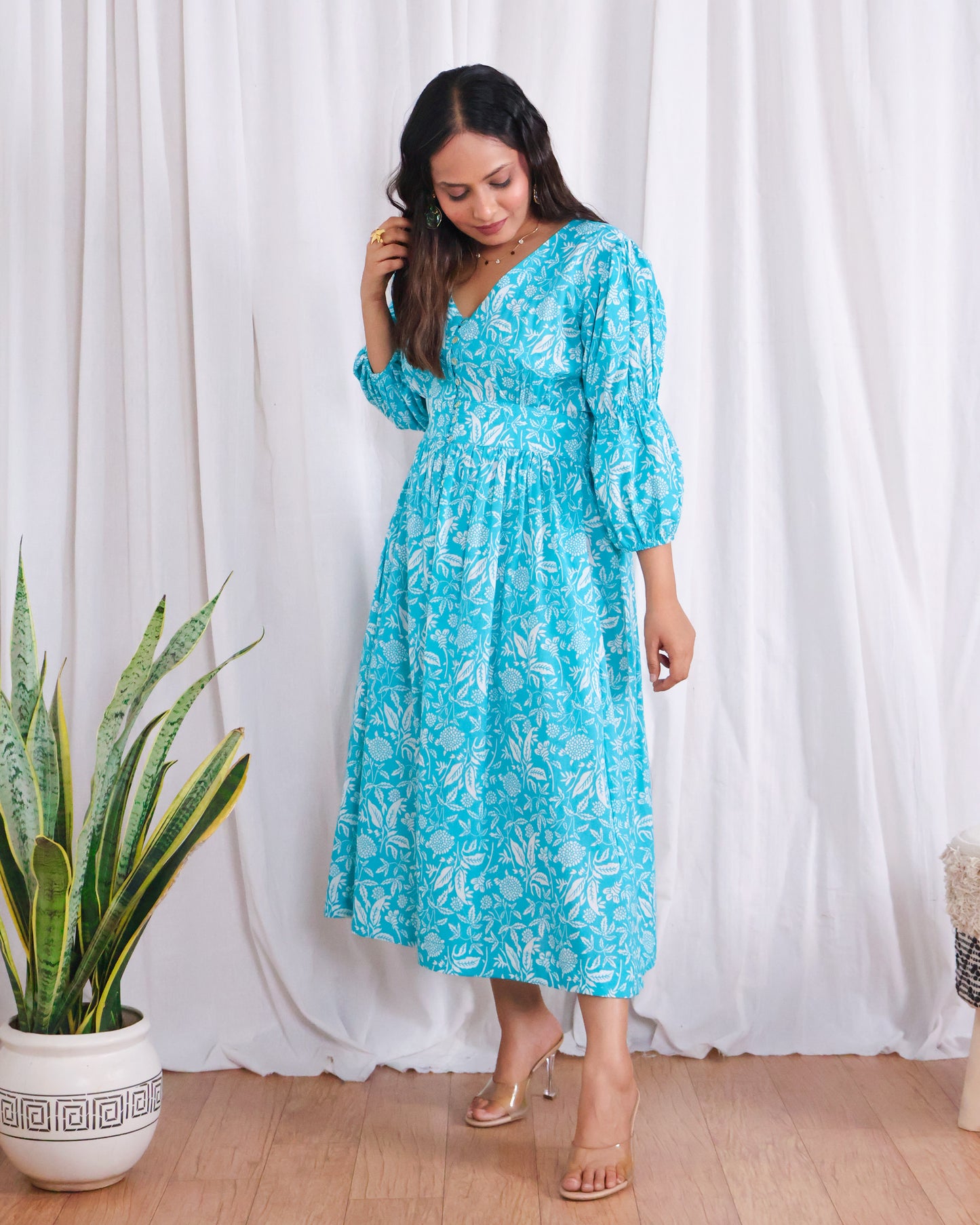 Bella Blue Fit-and-Flare Cotton Midi Dress