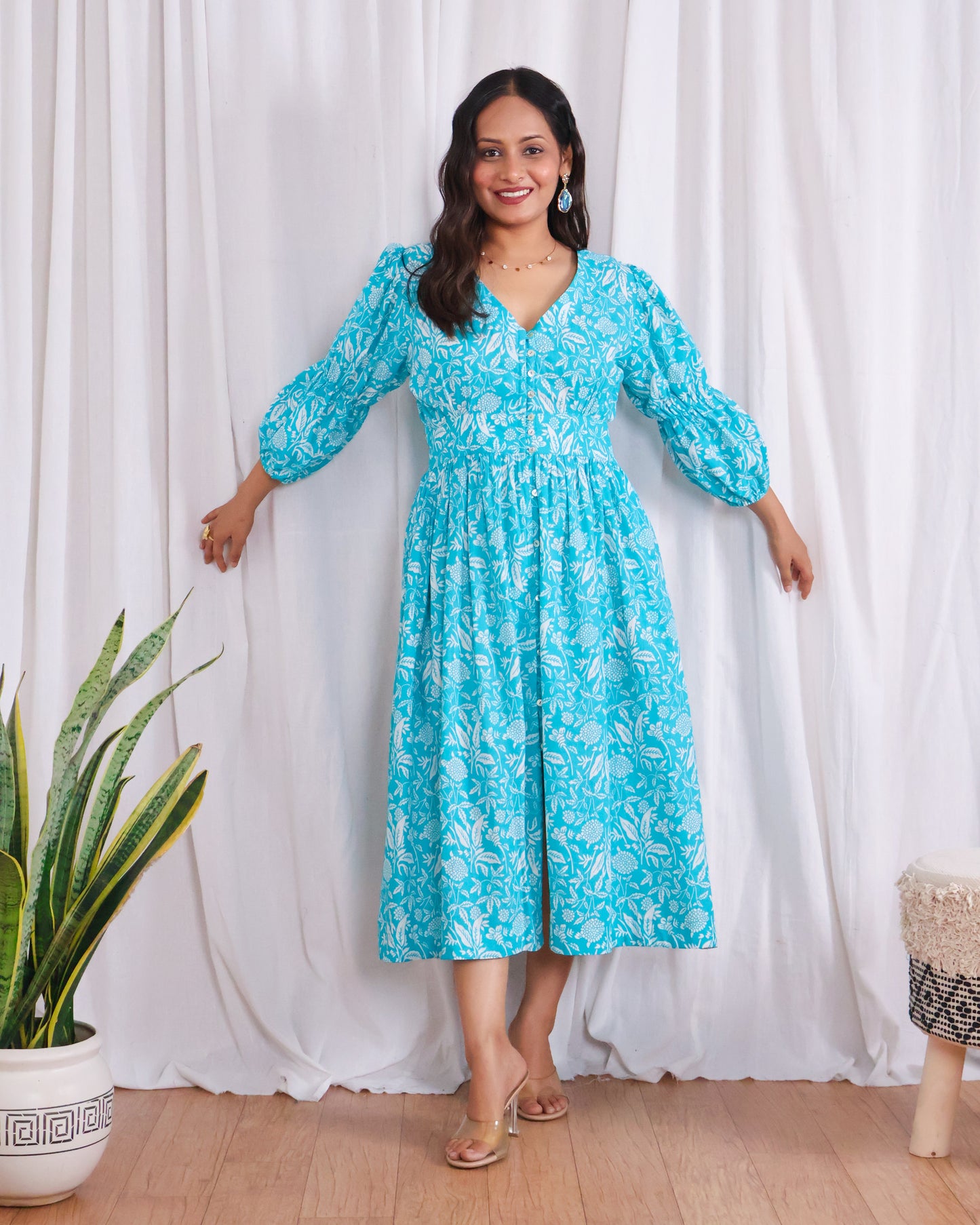 Bella Blue Fit-and-Flare Cotton Midi Dress