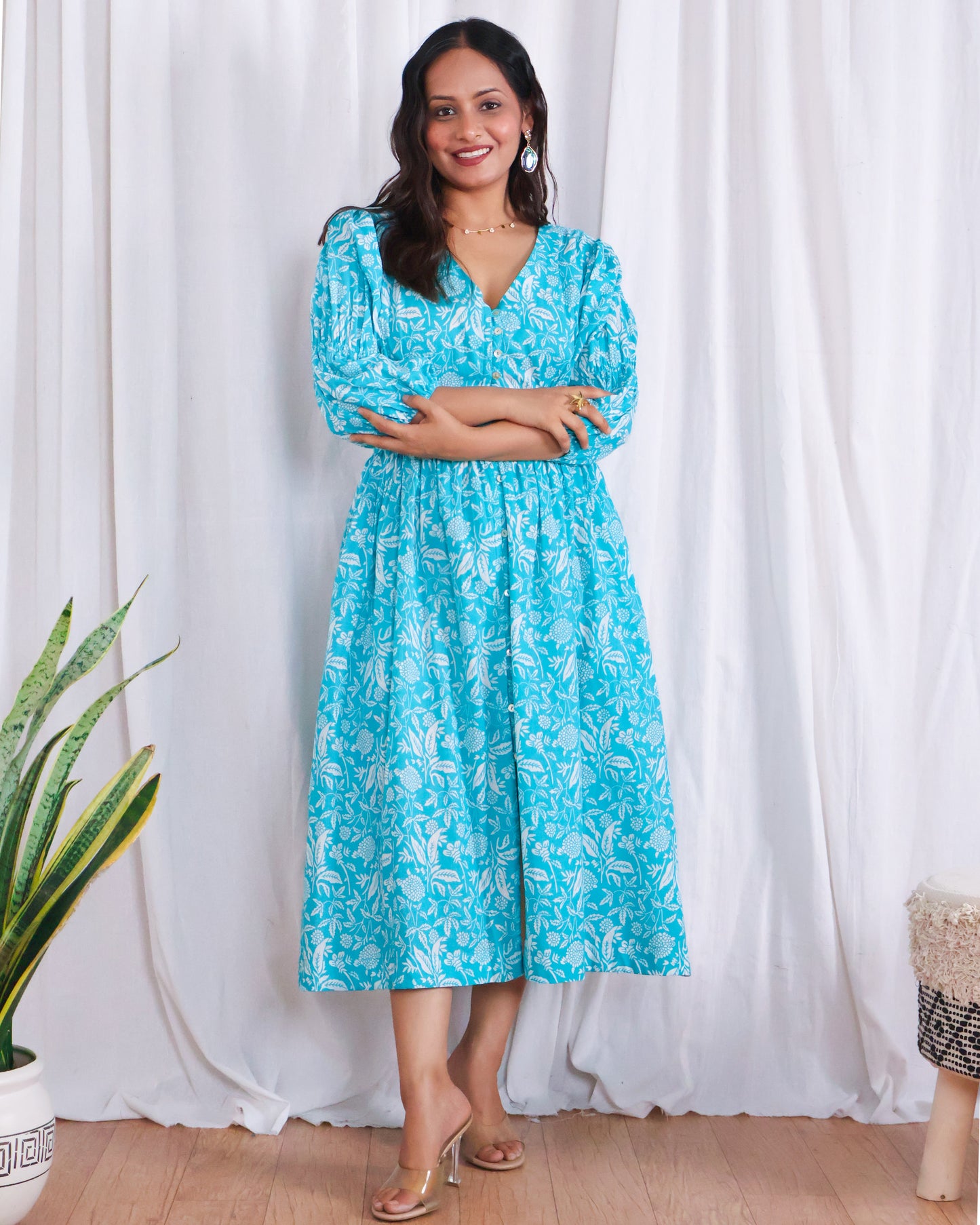 Bella Blue Fit-and-Flare Cotton Midi Dress