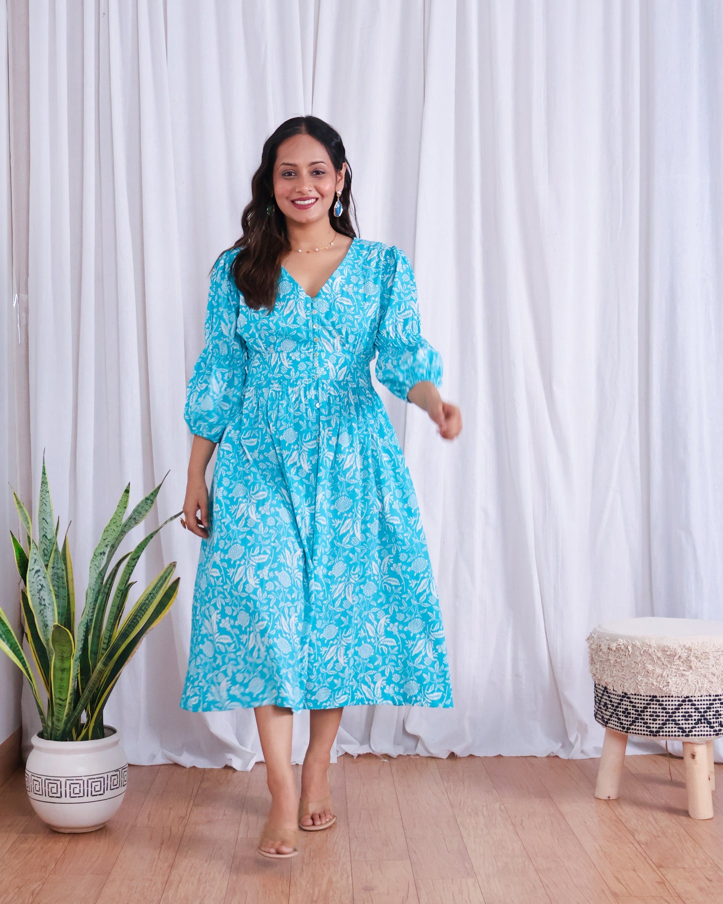 Bella Blue Fit-and-Flare Cotton Midi Dress