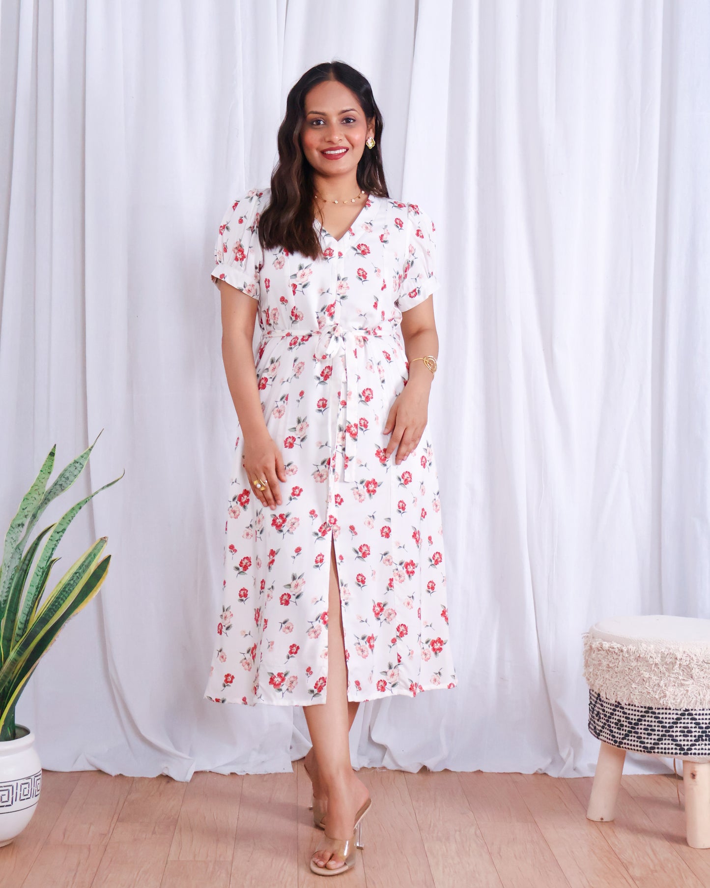 Rose White Floral Print Midi Dress
