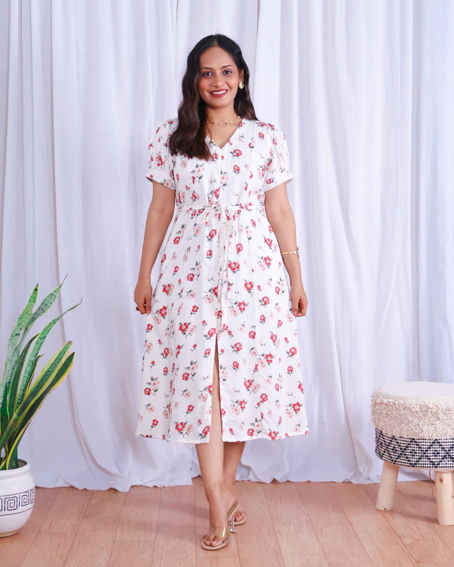 Rose White Floral Print Midi Dress