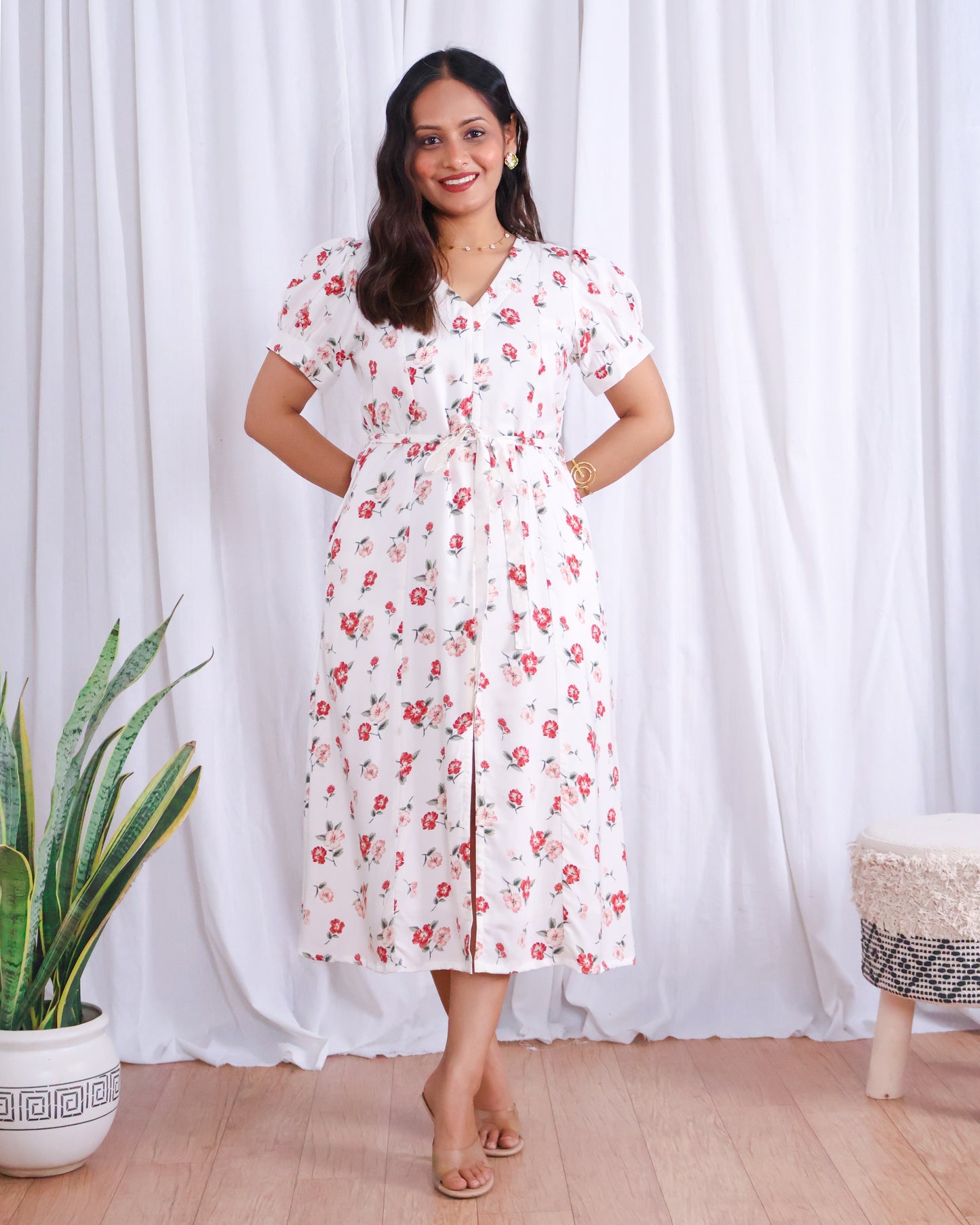 Rose White Floral Print Midi Dress