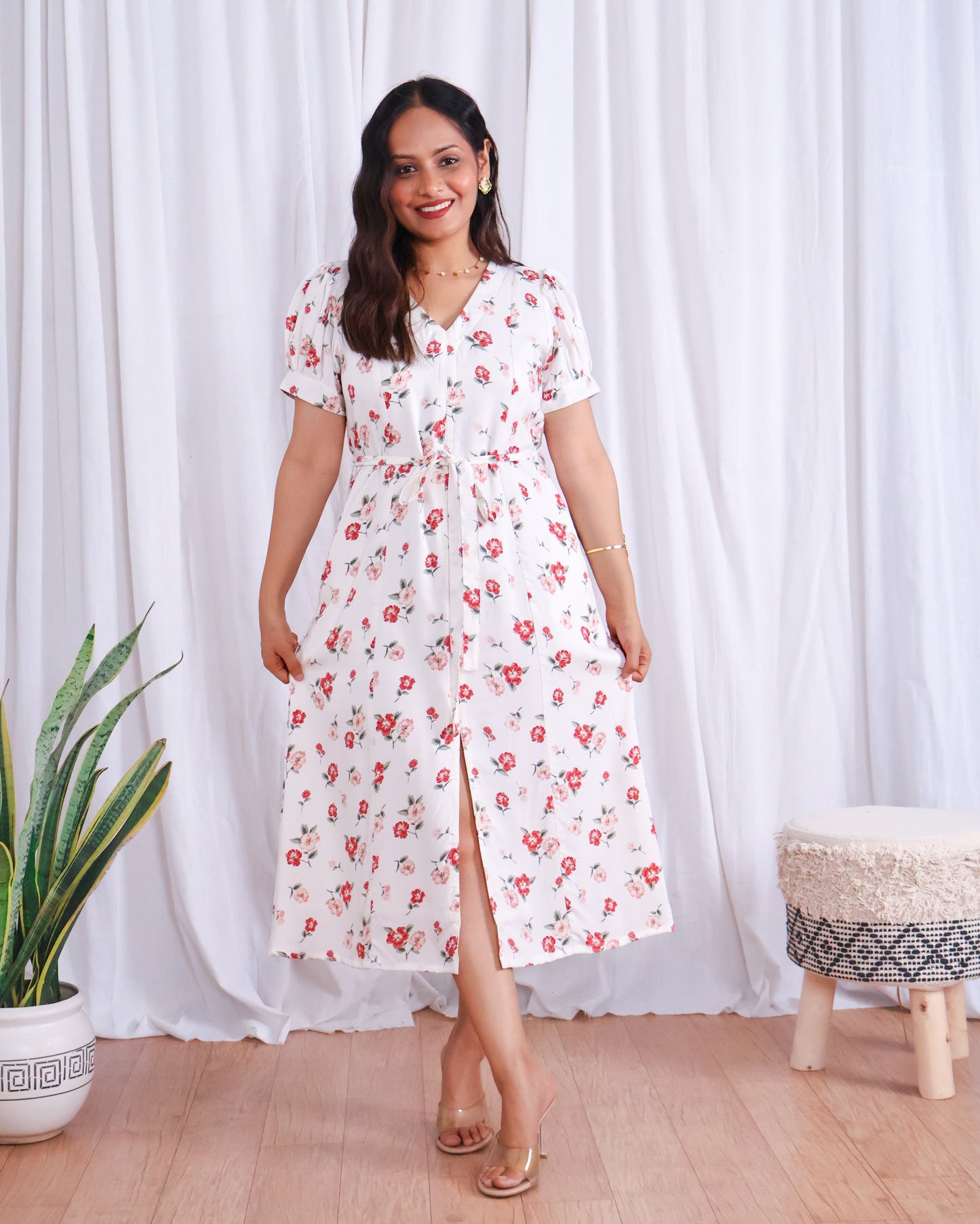 Rose White Floral Print Midi Dress