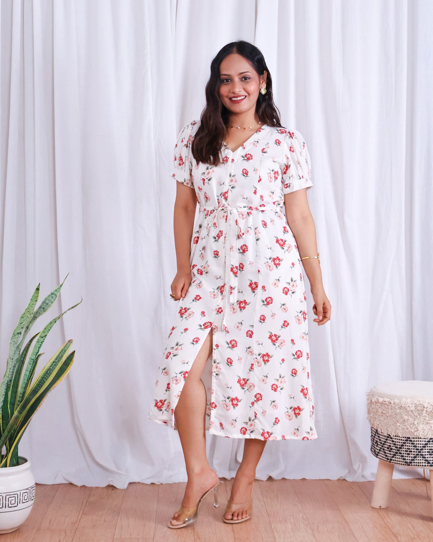 Rose White Floral Print Midi Dress