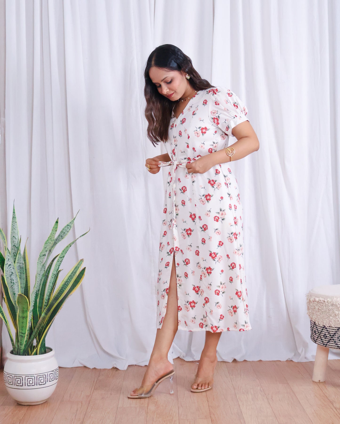 Rose White Floral Print Midi Dress