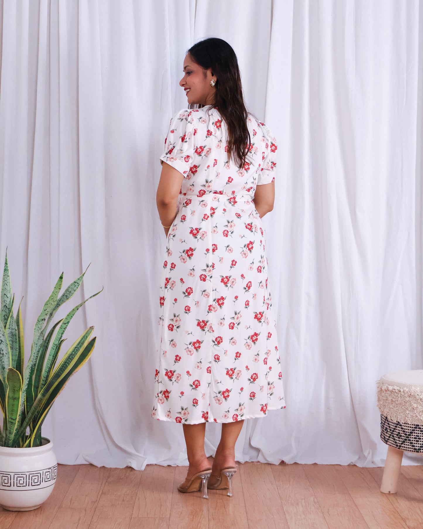 Rose White Floral Print Midi Dress