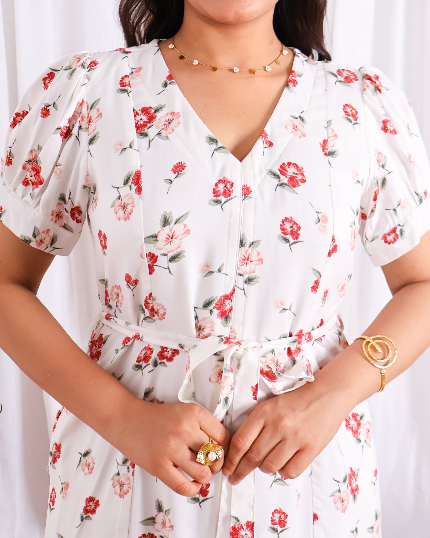 Rose White Floral Print Midi Dress