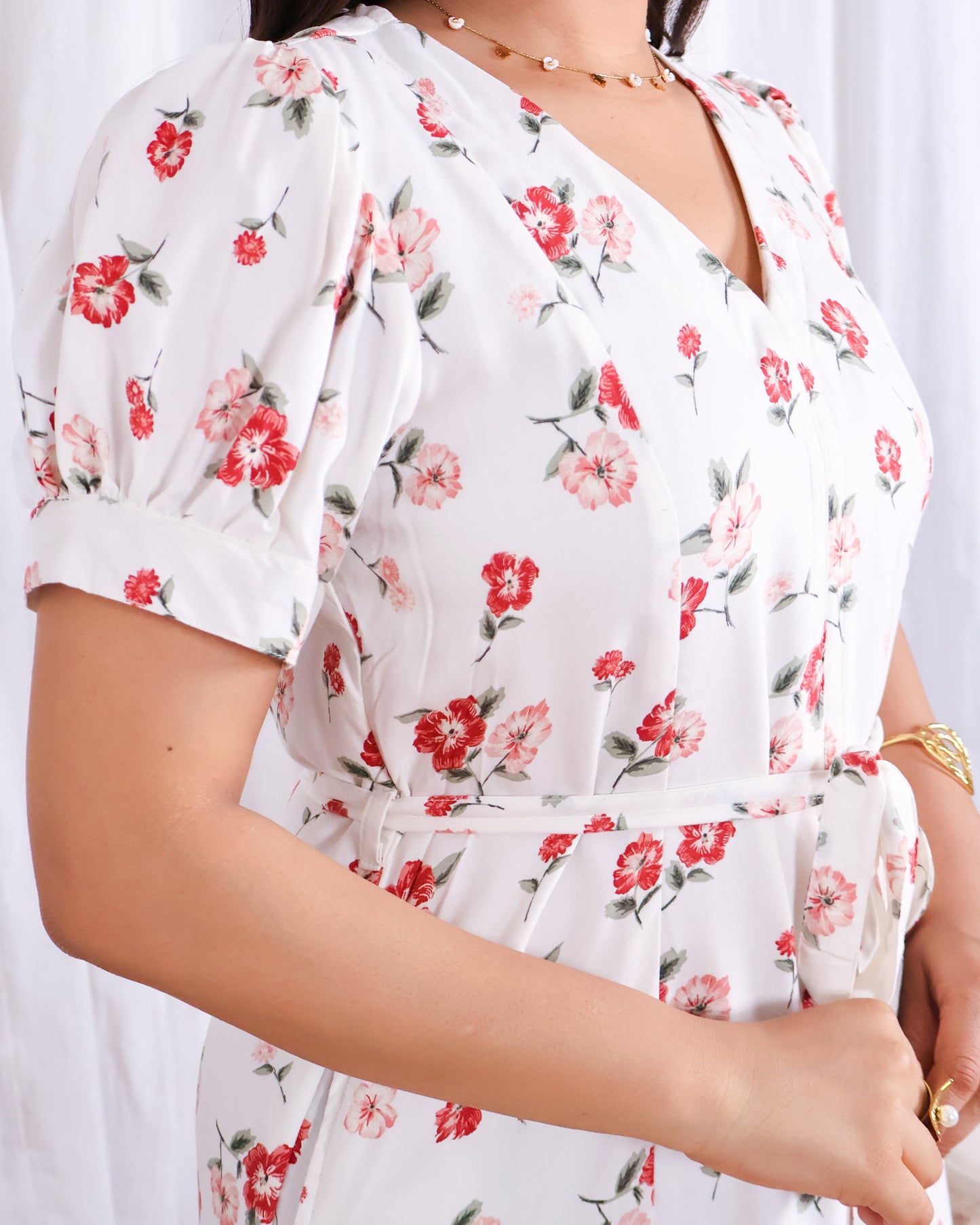 Rose White Floral Print Midi Dress