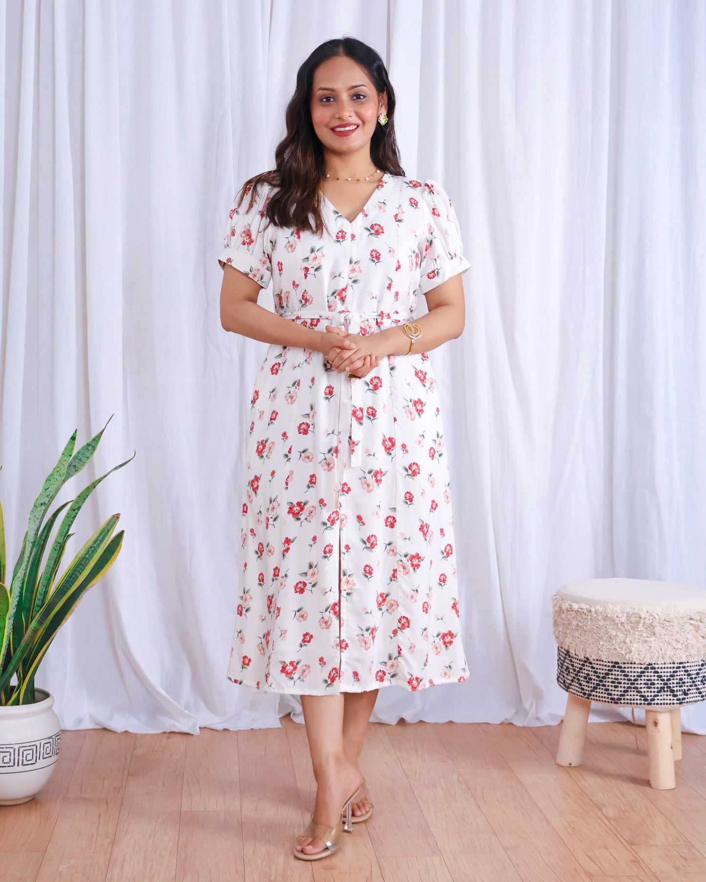 Rose White Floral Print Midi Dress
