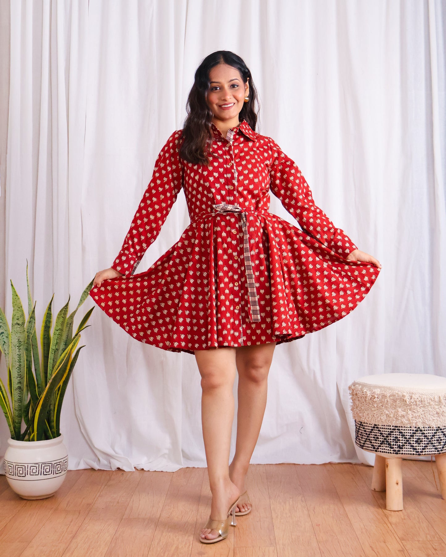 Tia Red Bagru HandBlock Print Circular Cut Short Dress