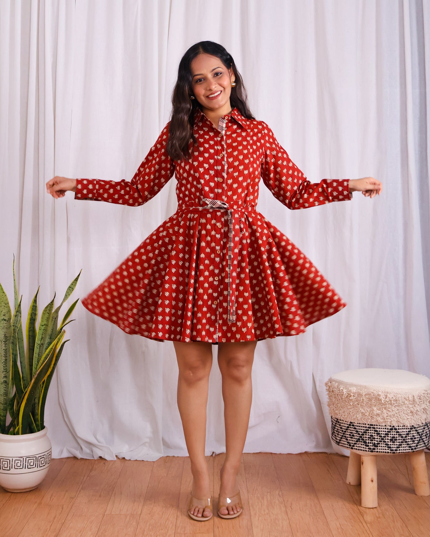 Tia Red Bagru HandBlock Print Circular Cut Short Dress