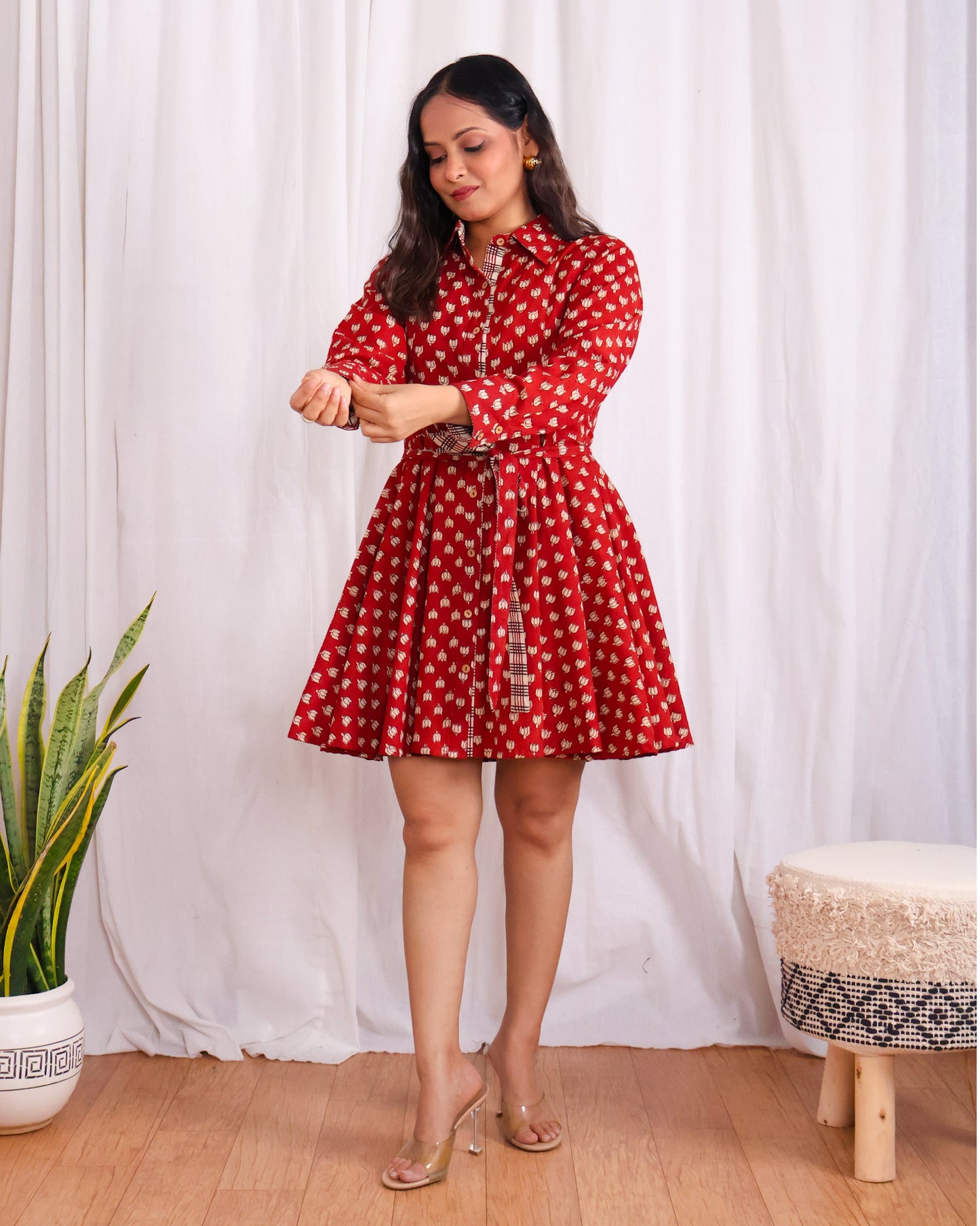 Tia Red Bagru HandBlock Print Circular Cut Short Dress