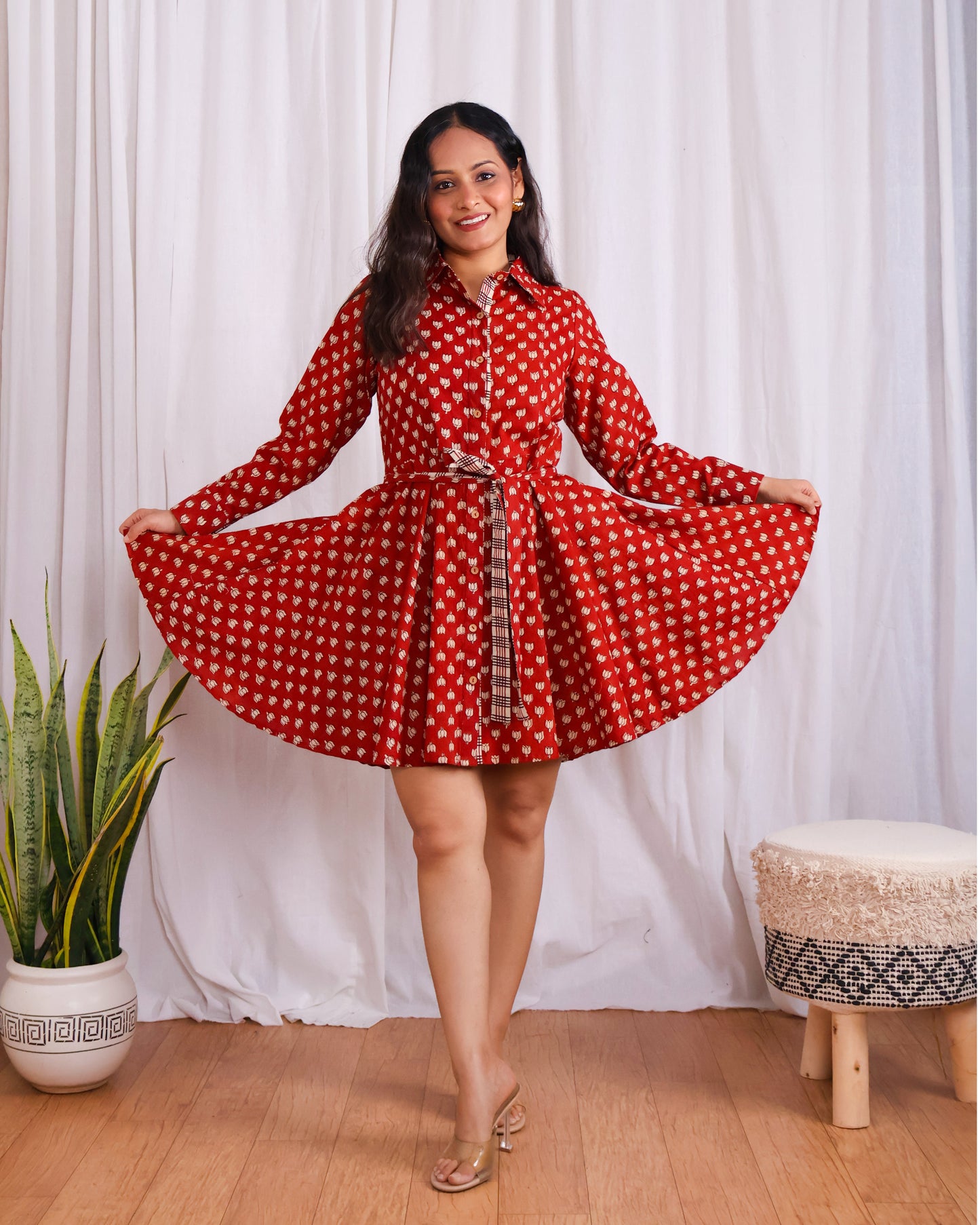 Tia Red Bagru HandBlock Print Circular Cut Short Dress