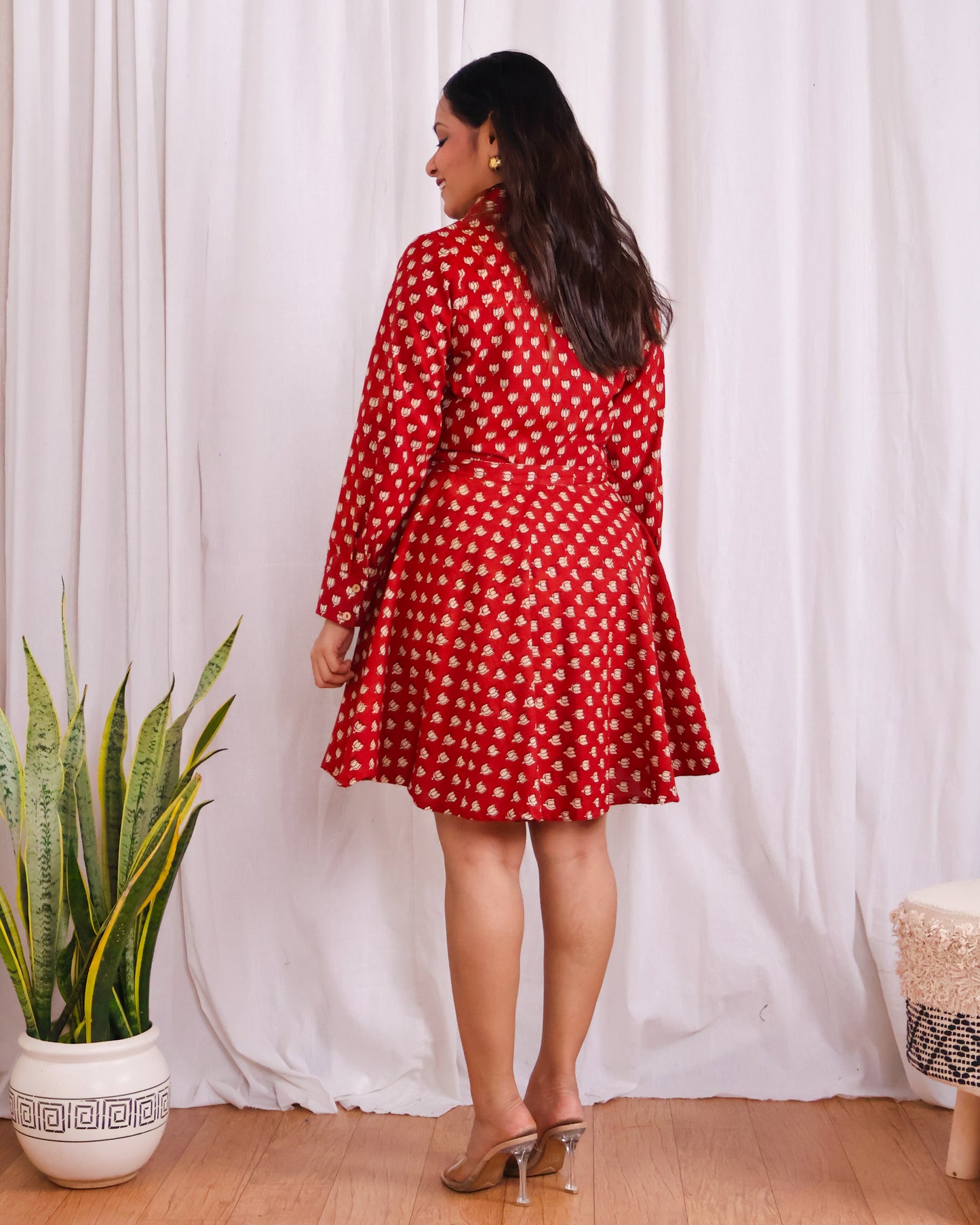 Tia Red Bagru HandBlock Print Circular Cut Short Dress