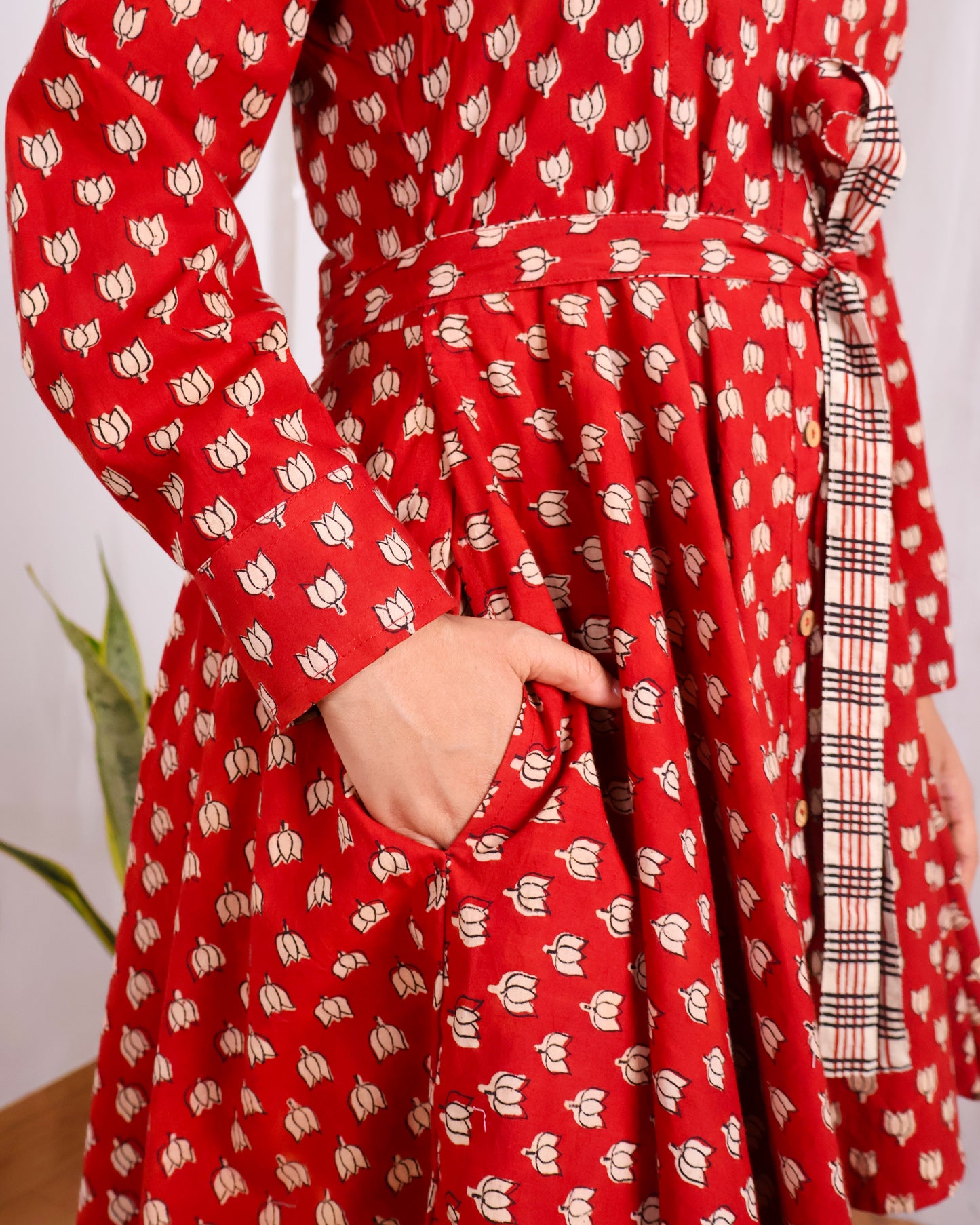 Tia Red Bagru HandBlock Print Circular Cut Short Dress