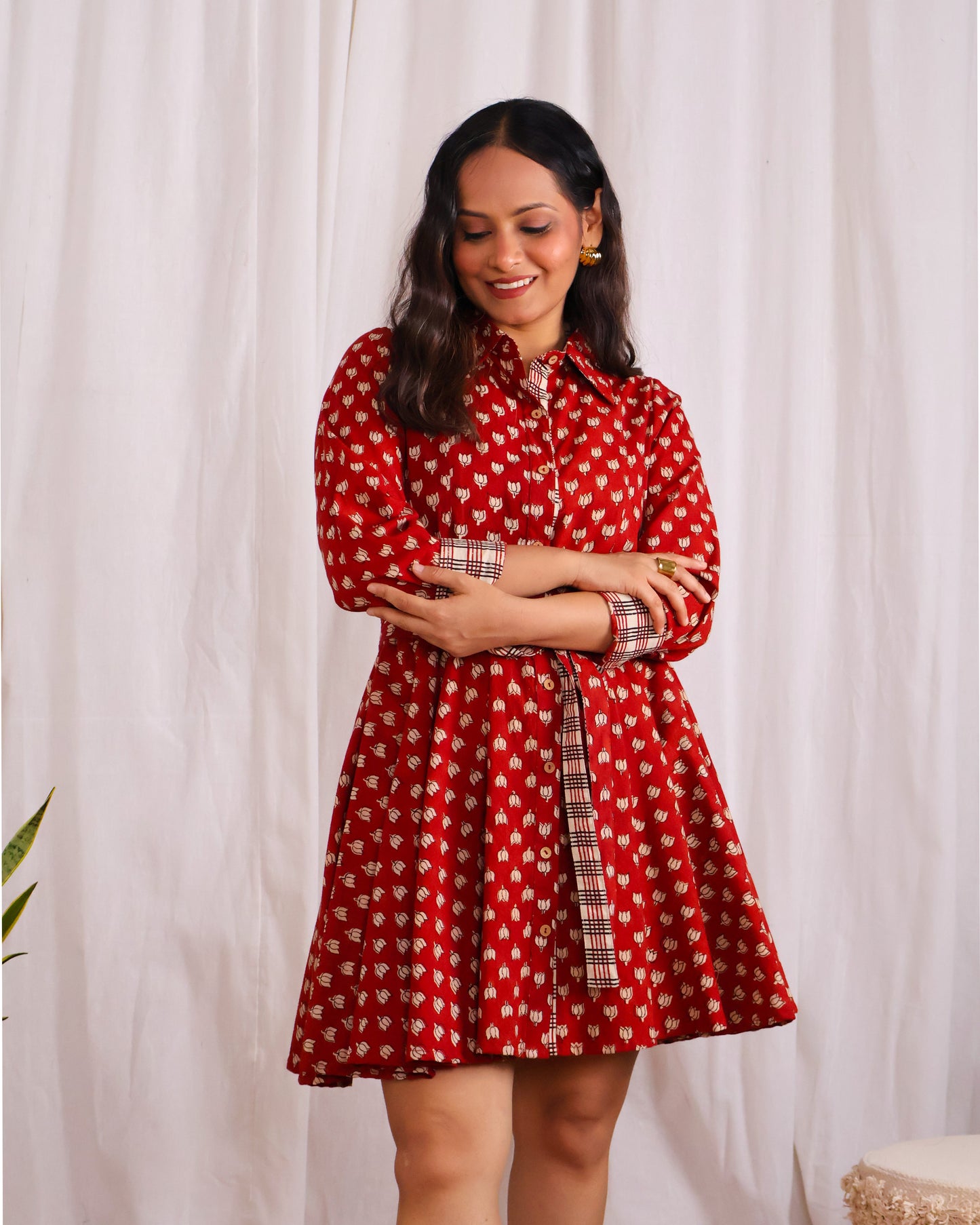 Tia Red Bagru HandBlock Print Circular Cut Short Dress