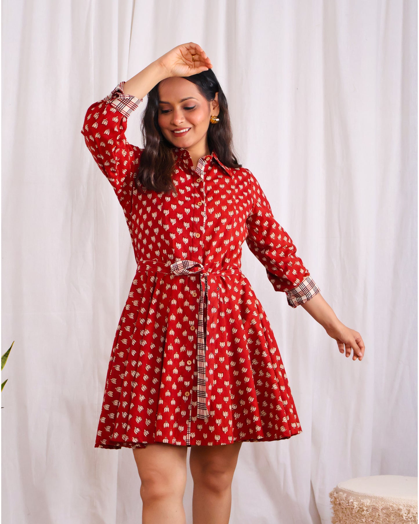 Tia Red Bagru HandBlock Print Circular Cut Short Dress