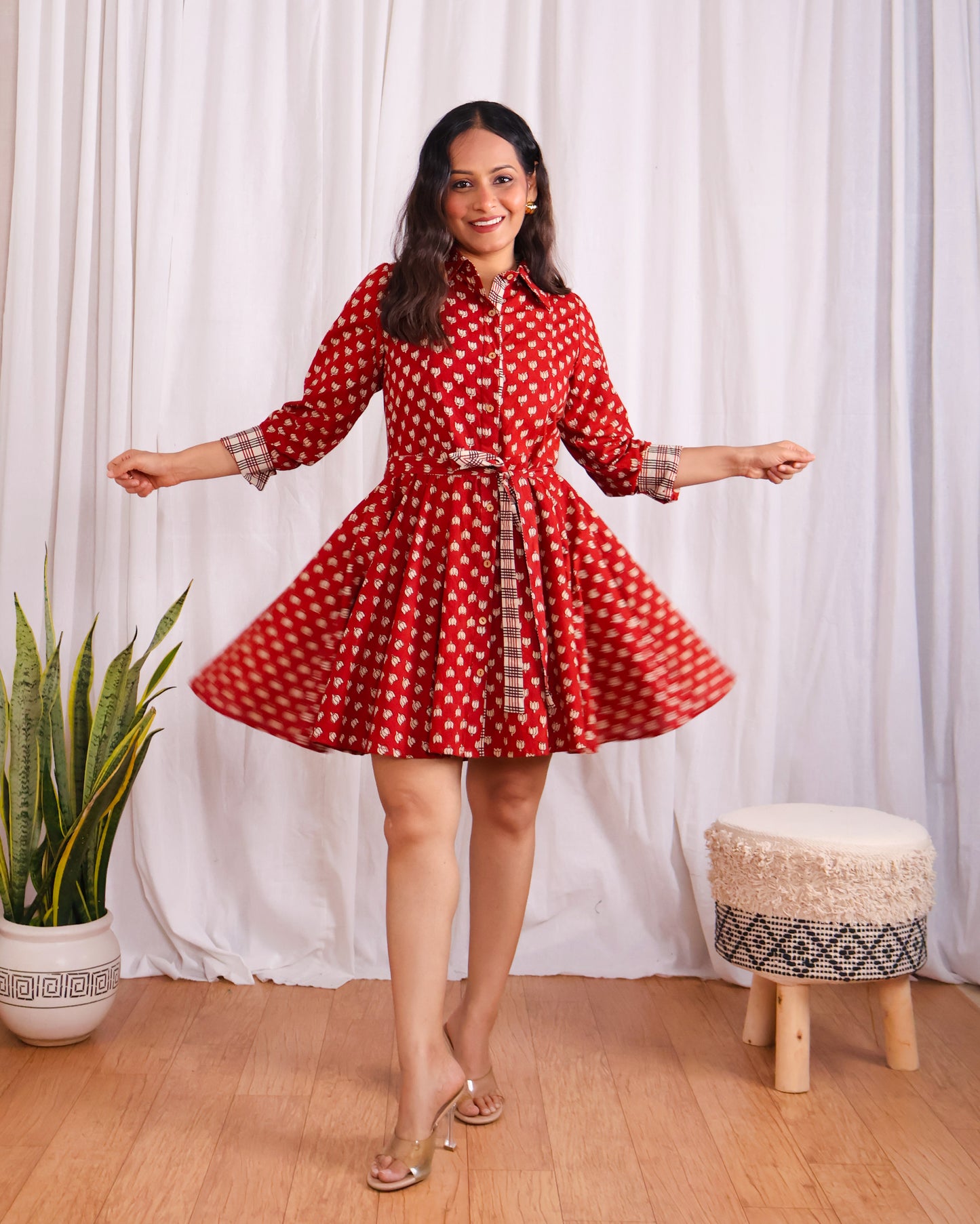 Tia Red Bagru HandBlock Print Circular Cut Short Dress