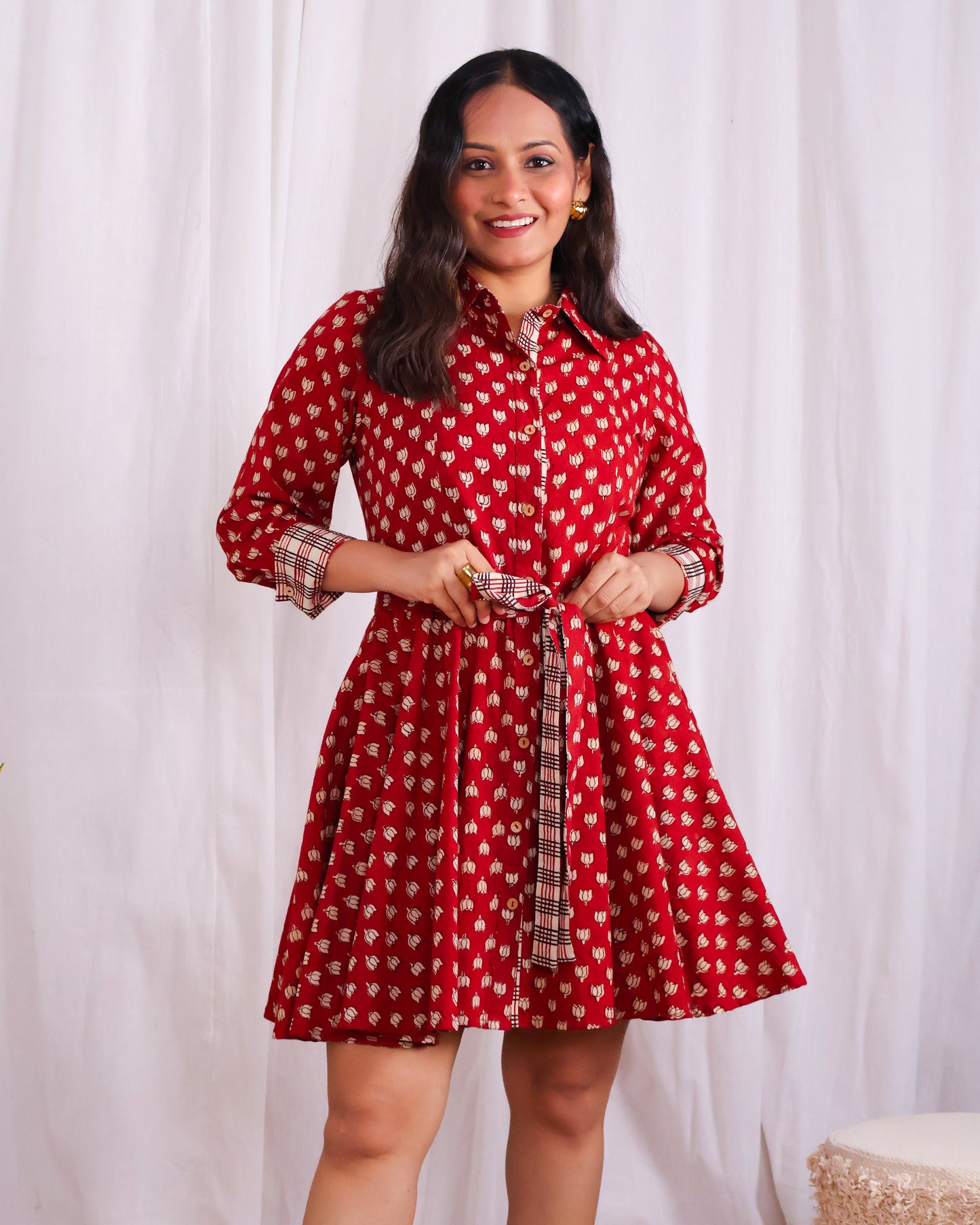 Tia Red Bagru HandBlock Print Circular Cut Short Dress