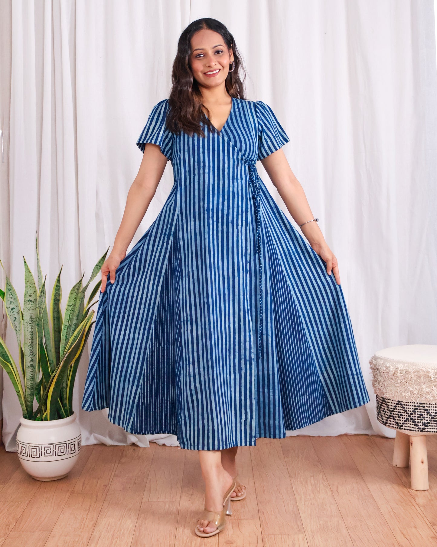 June Indigo HandBlock Dabu Stripes Print Cotton Wrap Dress