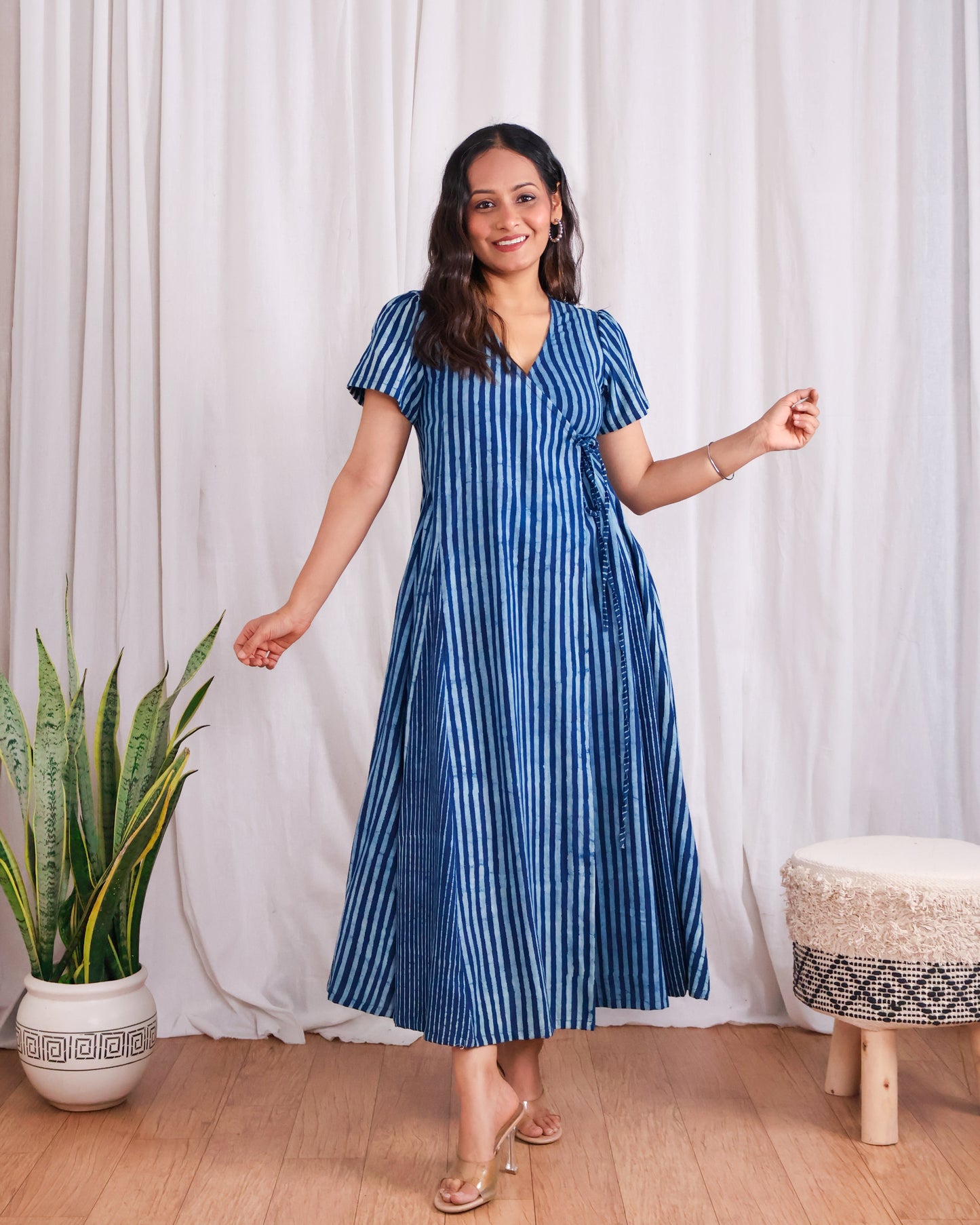 June Indigo HandBlock Dabu Stripes Print Cotton Wrap Dress