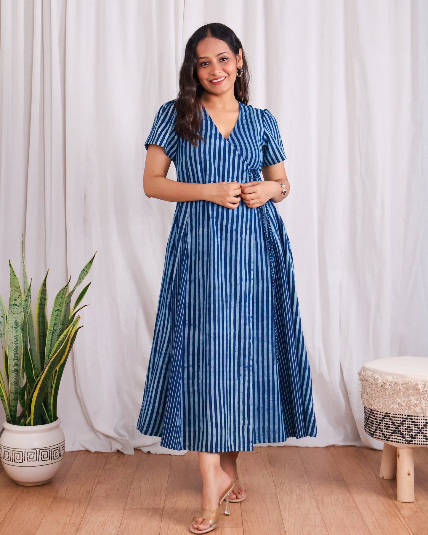 June Indigo HandBlock Dabu Stripes Print Cotton Wrap Dress