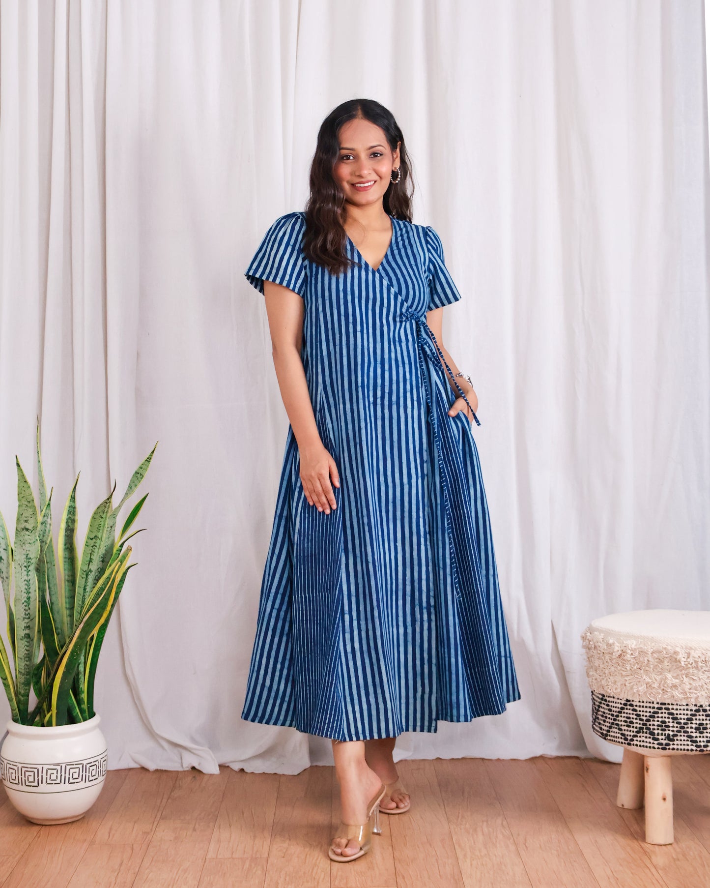 June Indigo HandBlock Dabu Stripes Print Cotton Wrap Dress