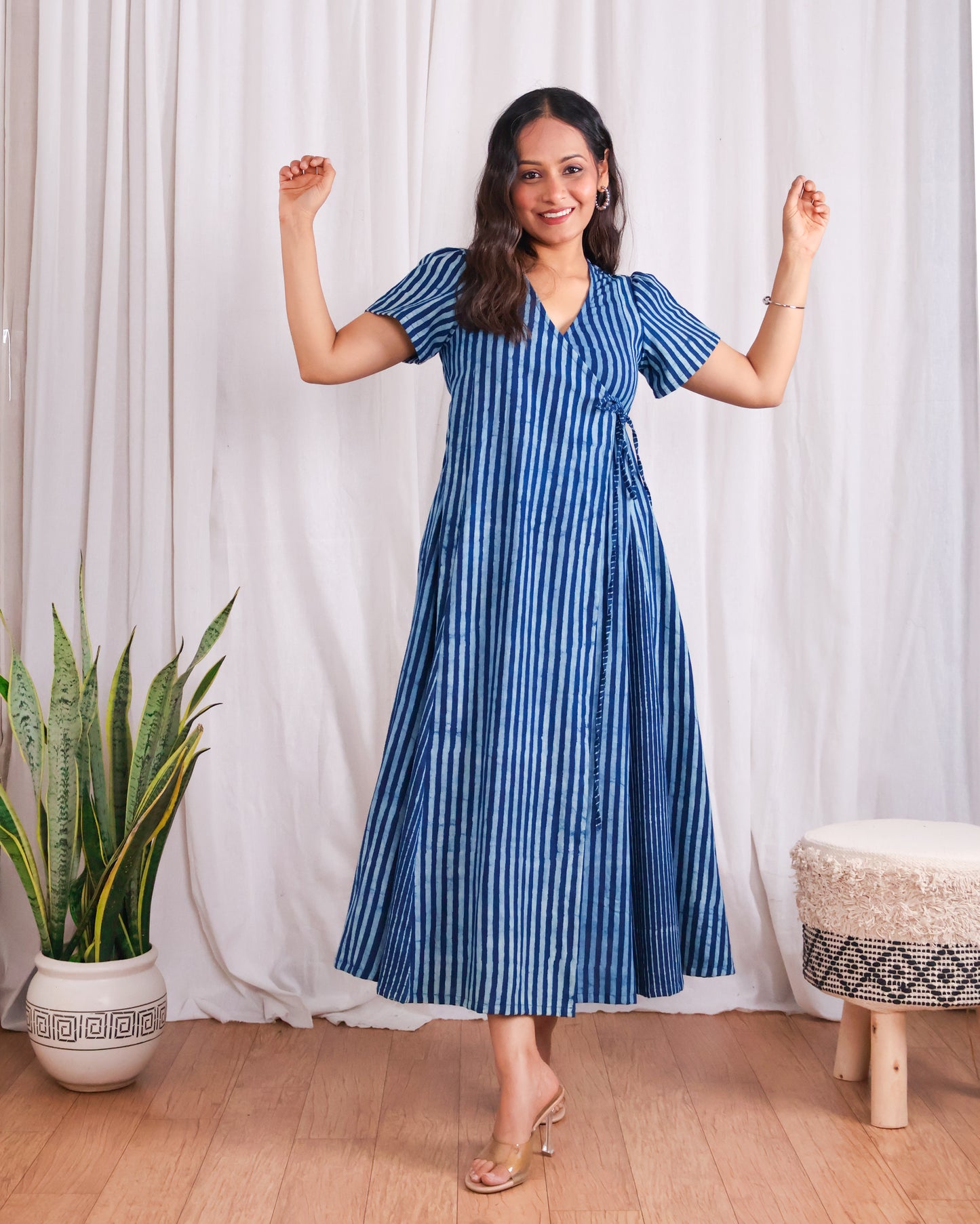 June Indigo HandBlock Dabu Stripes Print Cotton Wrap Dress