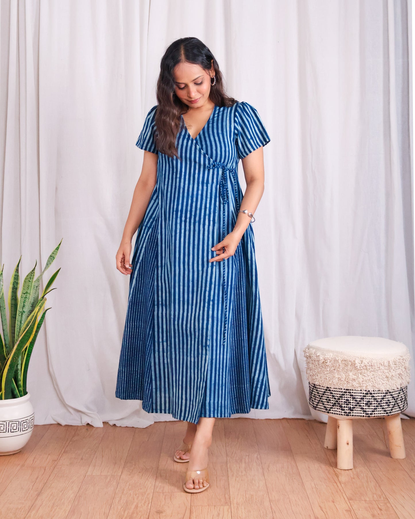 June Indigo HandBlock Dabu Stripes Print Cotton Wrap Dress